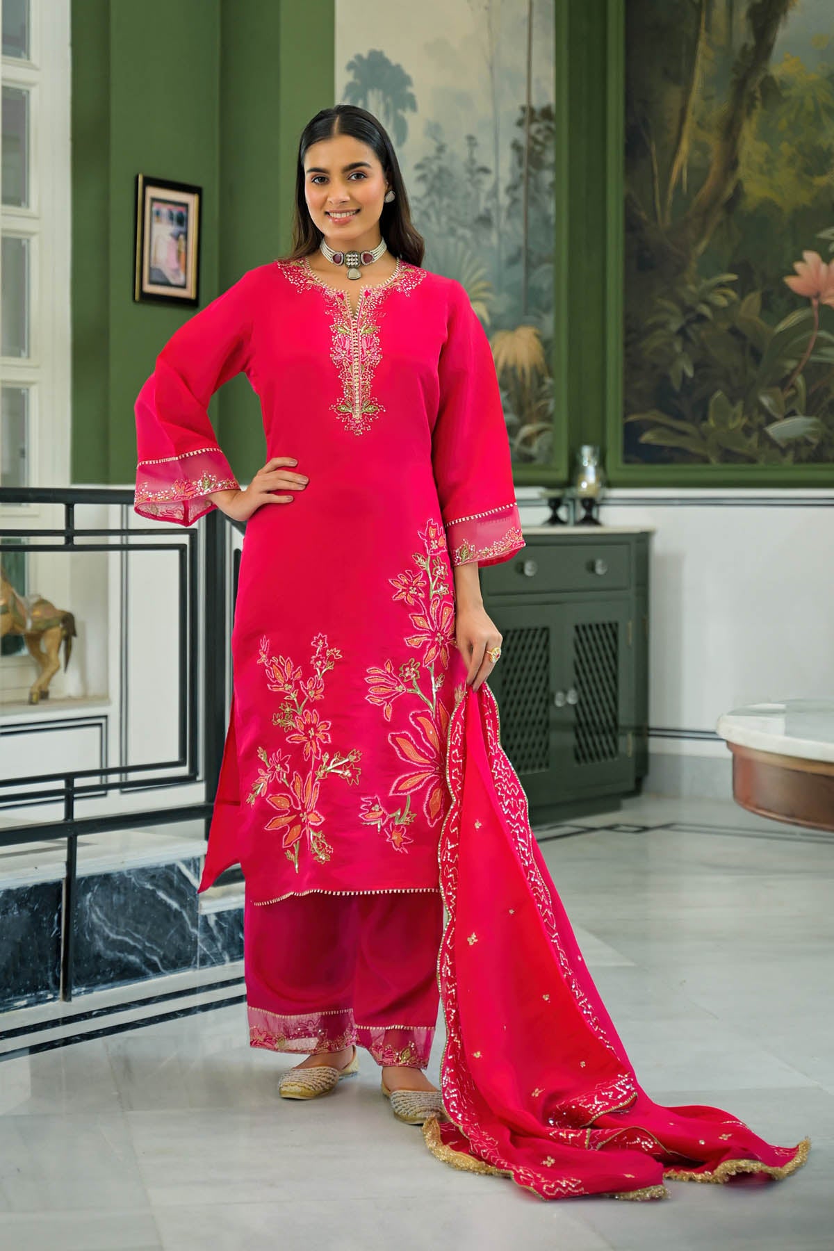 Pink Chanderi Embroidered Pakistani Suit Set | Bairaas
