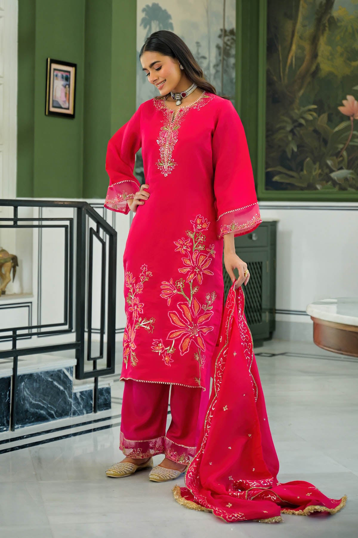 Pink Chanderi Embroidered Pakistani Suit Set | Bairaas
