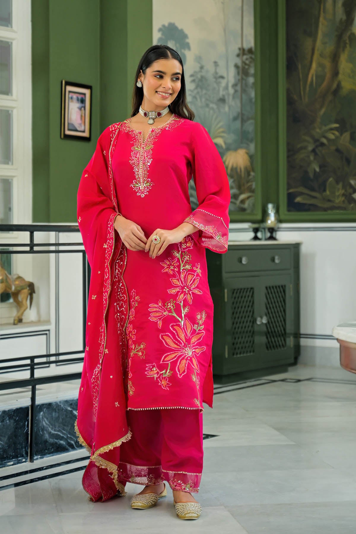 Pink Chanderi Embroidered Pakistani Suit Set | Bairaas