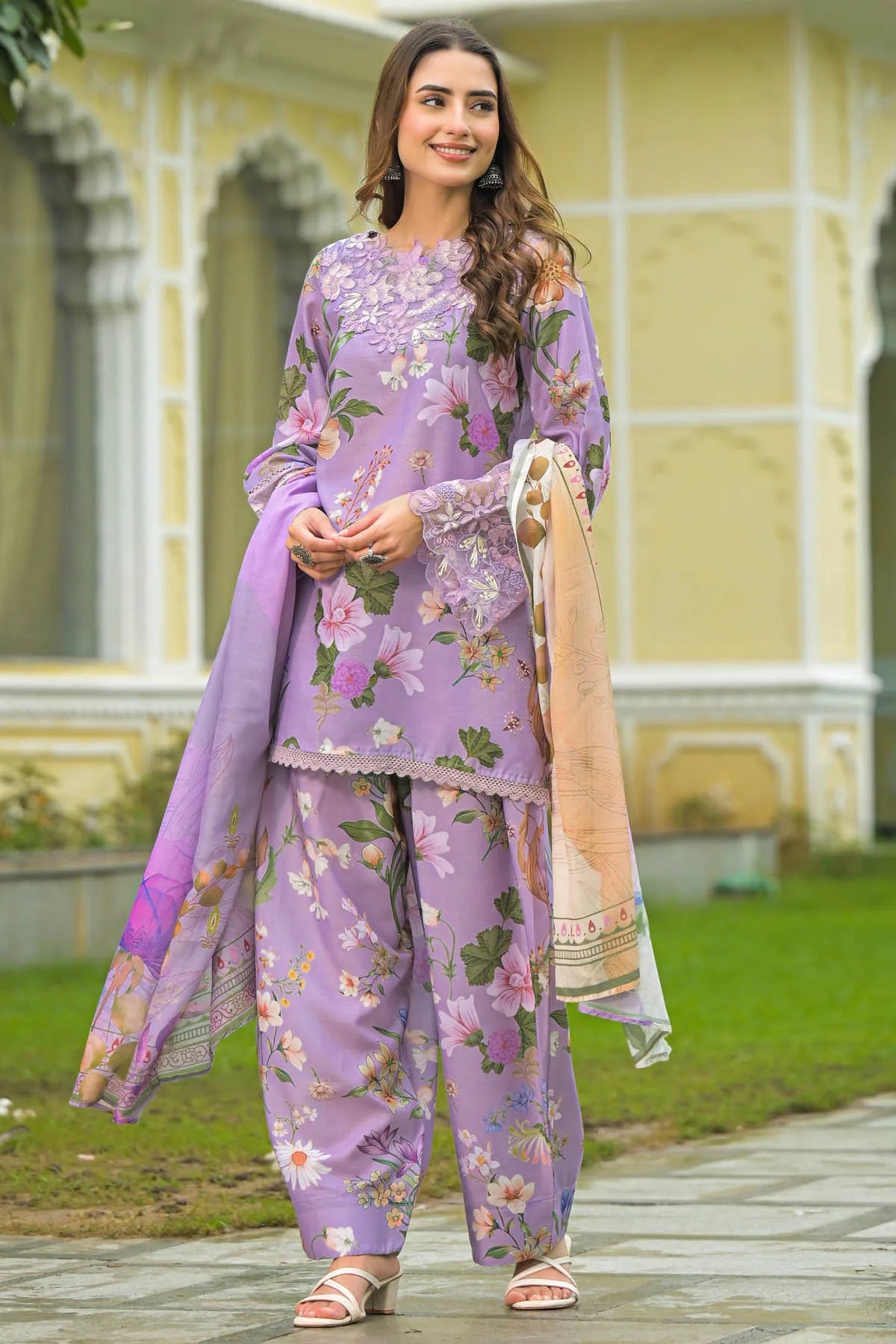Lavender Cotton Embroidered Farsi Salwar Set