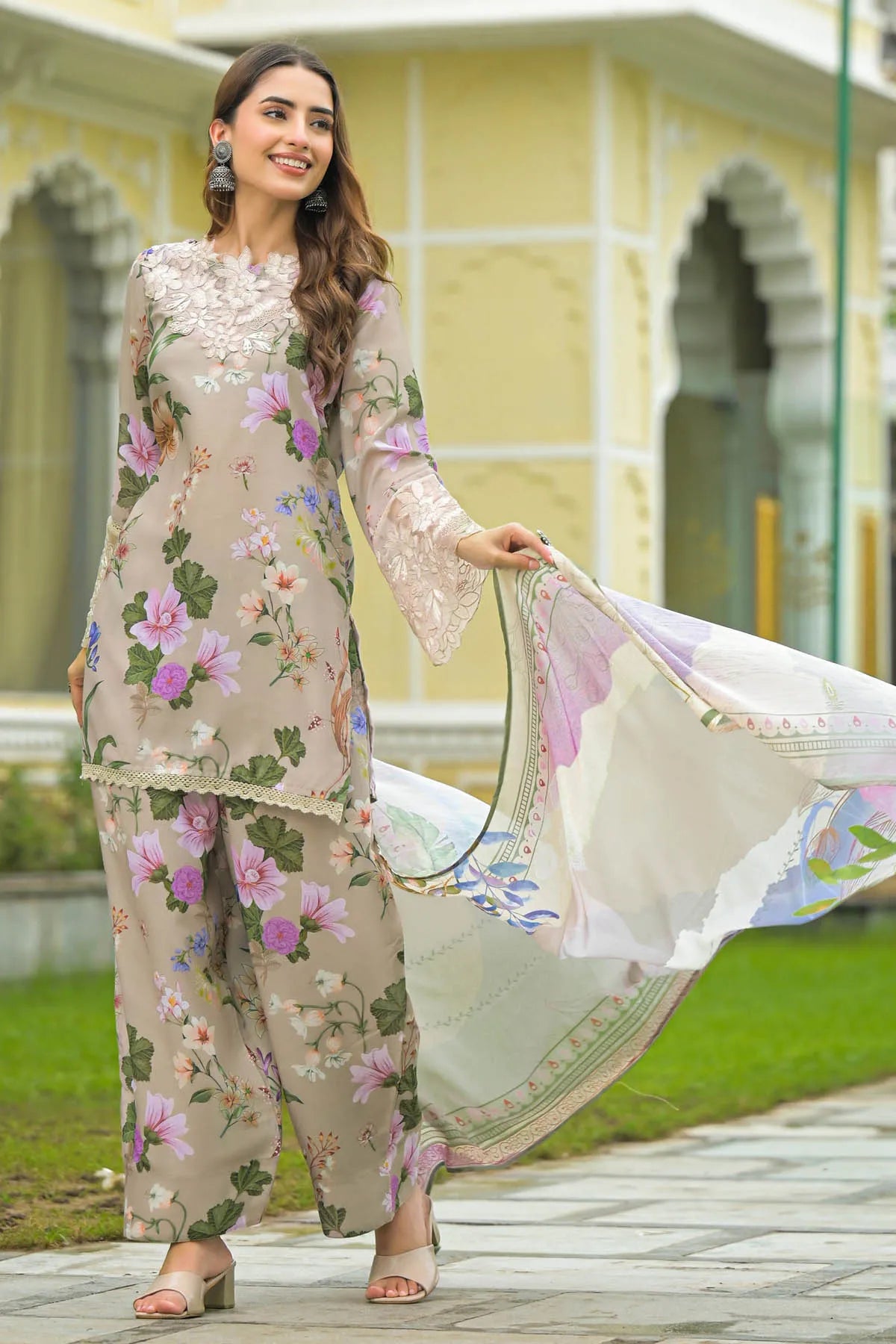 Beige Cotton Embroidered Farsi Salwar Set