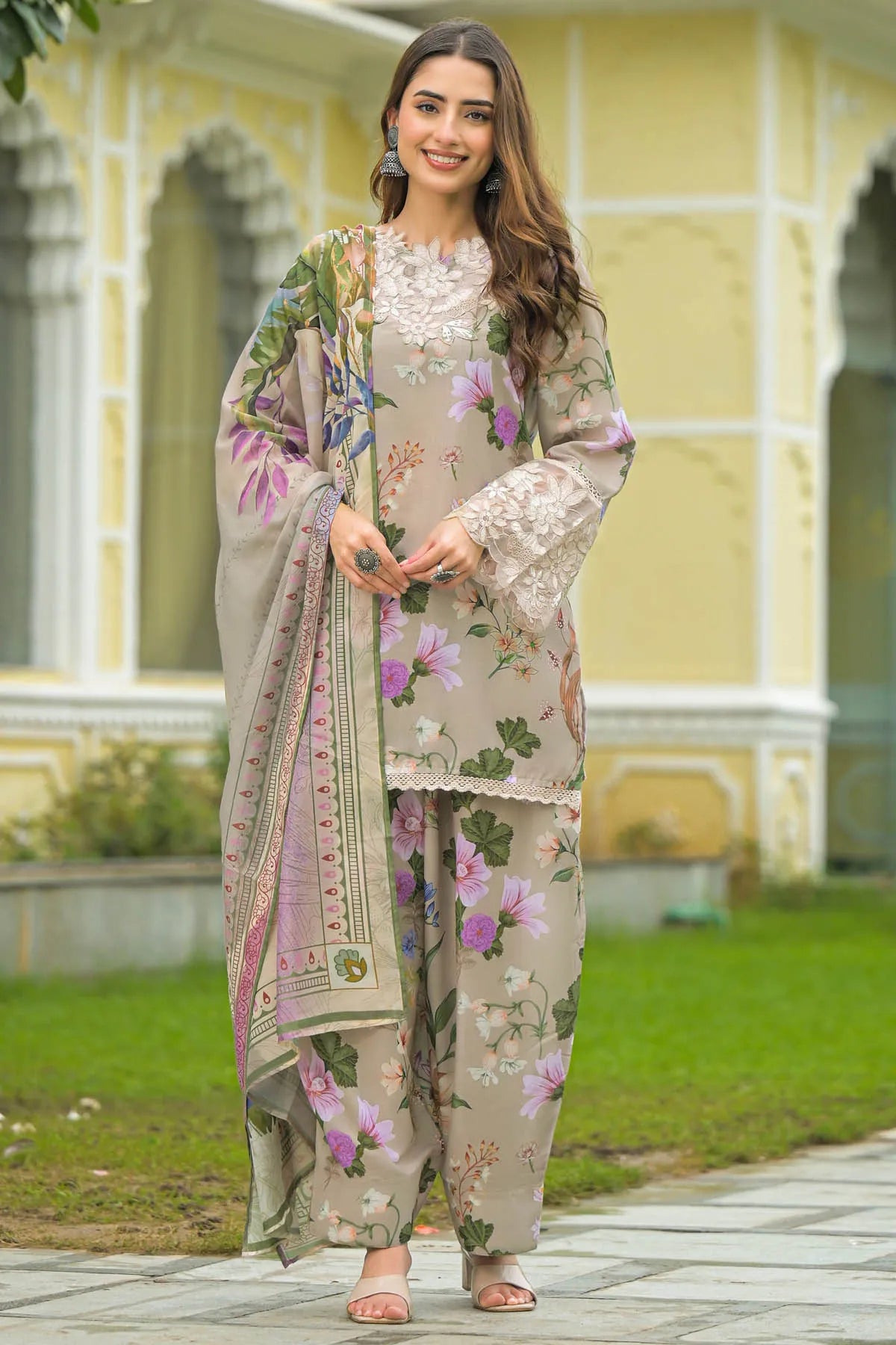 Beige Cotton Embroidered Farsi Salwar Set