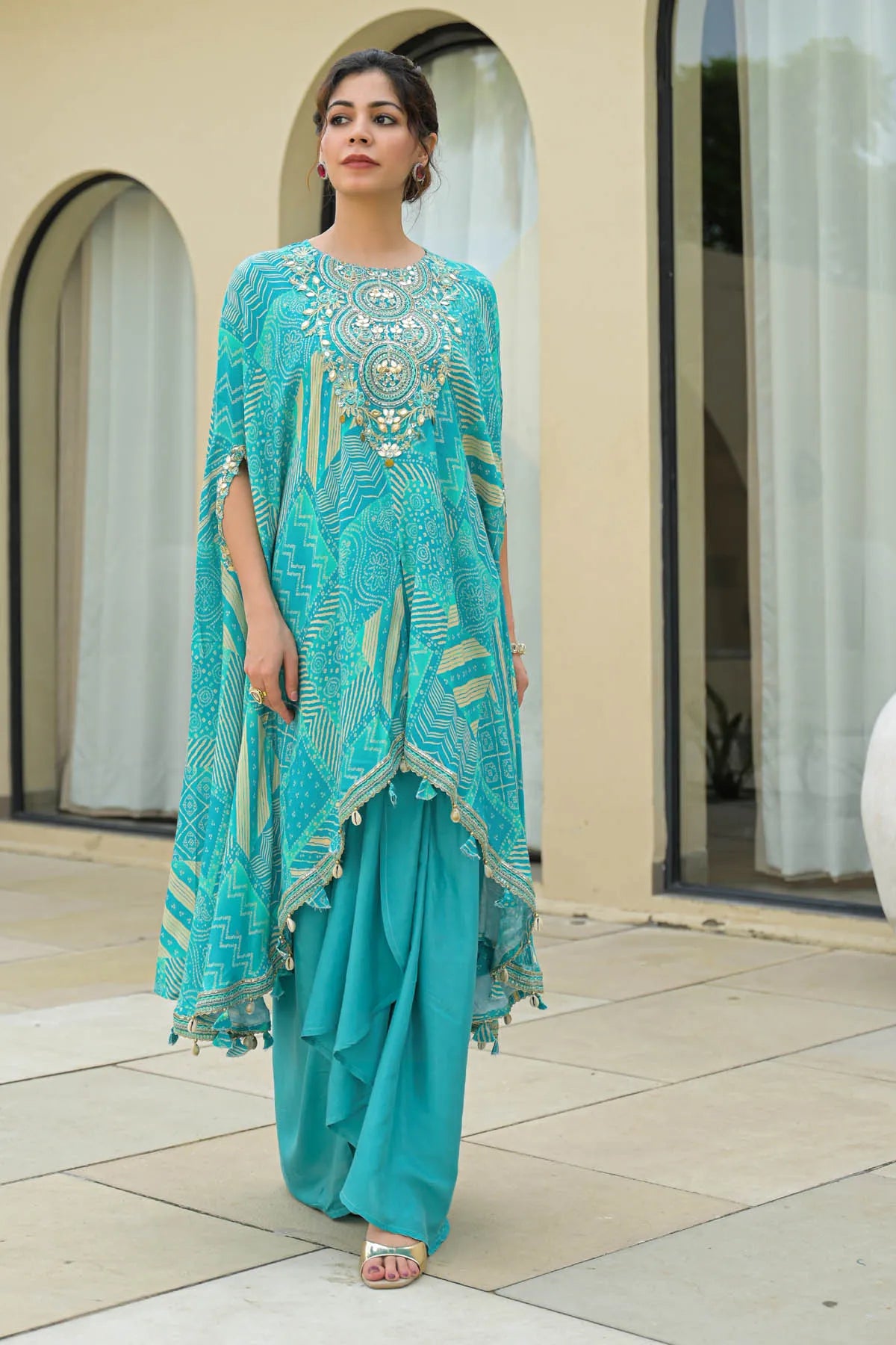 Sky Muslin Embroidered Western Dress