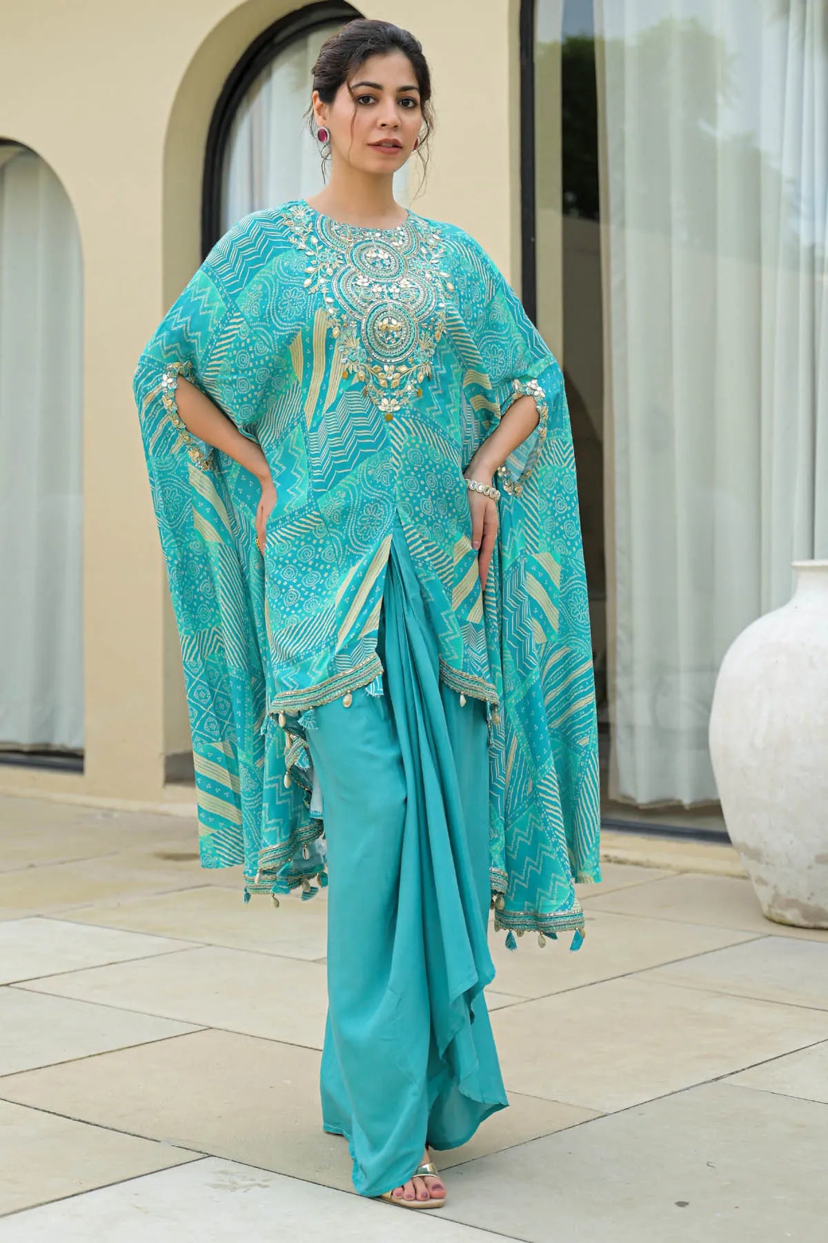 Sky Muslin Embroidered Western Dress