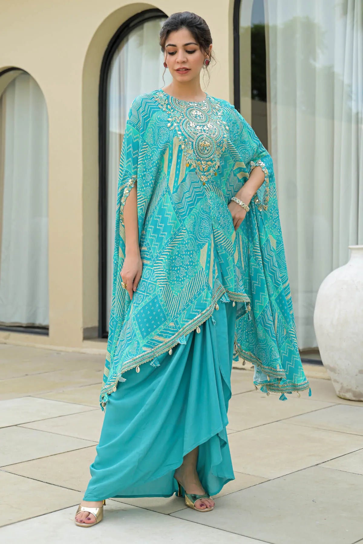 Sky Muslin Embroidered Western Dress