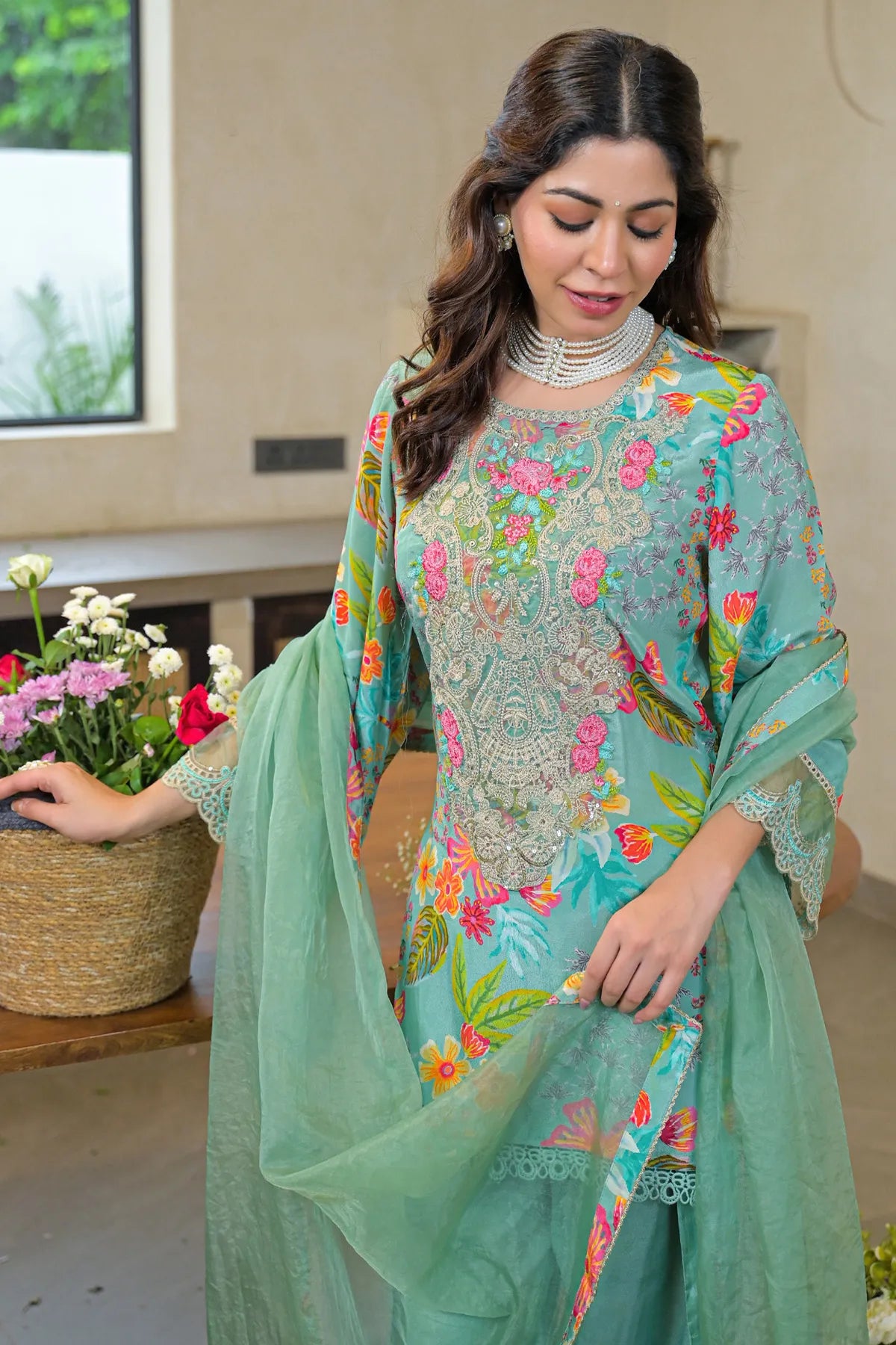 Sky Crepe Silk Embroidered Straight Cut Suit Set