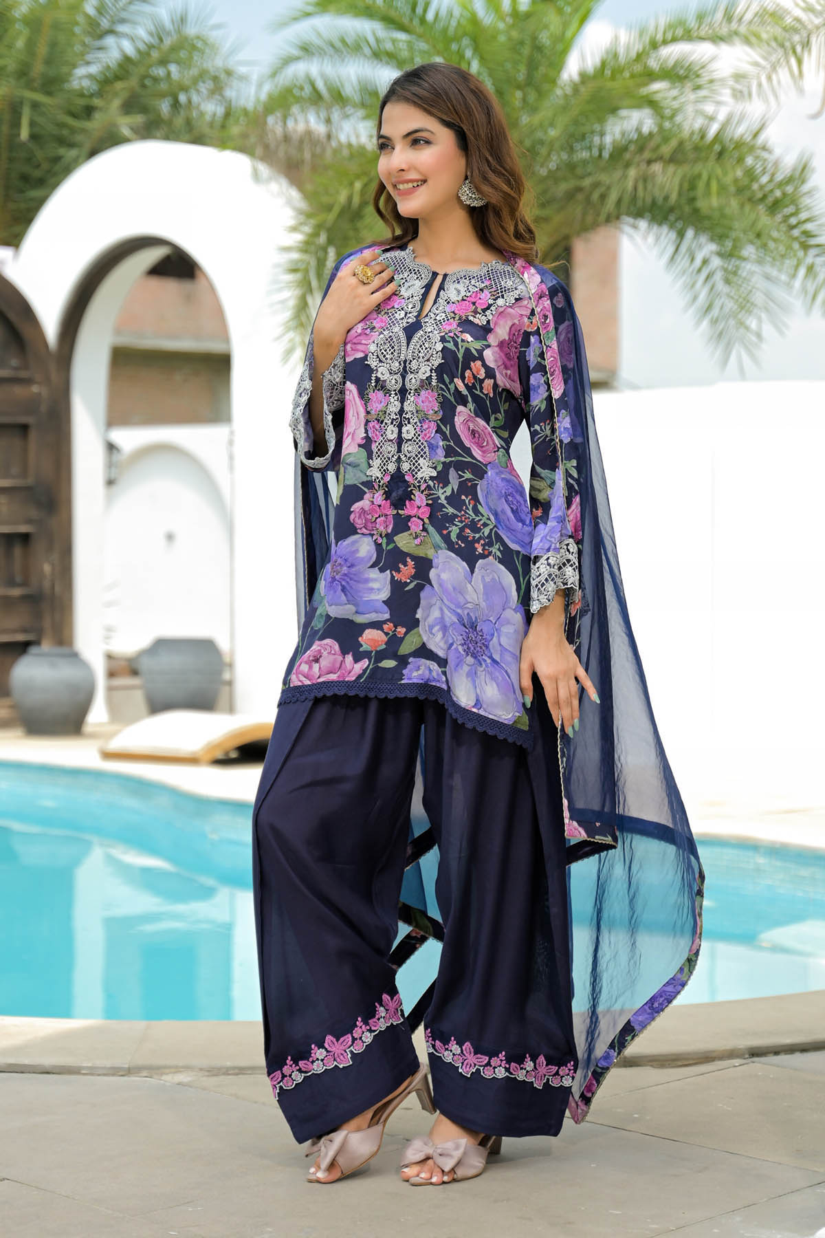 Blue Crepe Embroidered Farsi Salwar Set