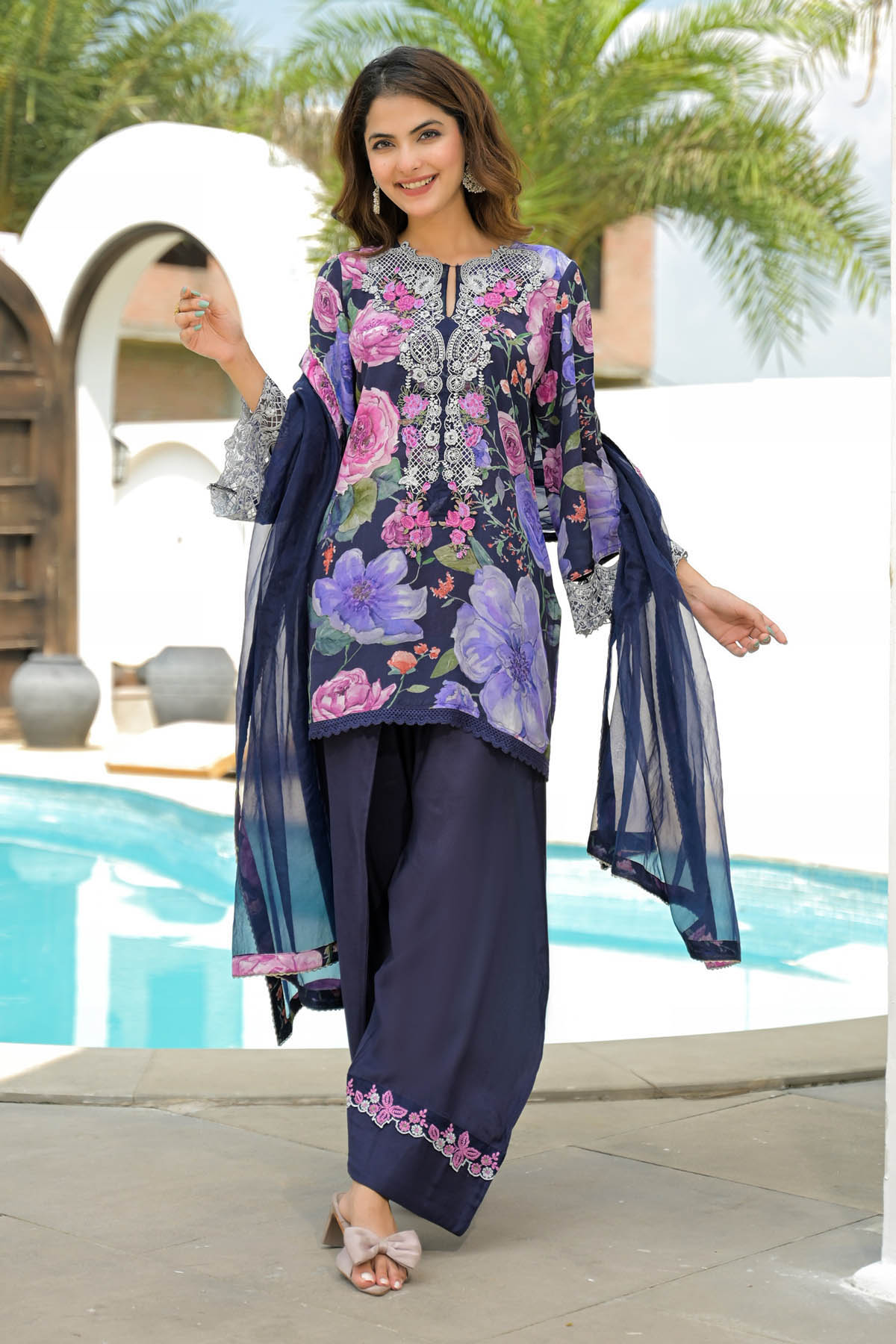 Blue Crepe Embroidered Farsi Salwar Set