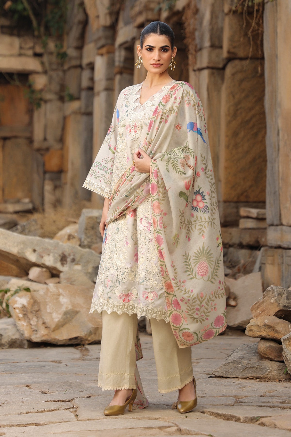 BEIGE COTTON STRAIGHT KURTA WITH PANT AND DUPATTA