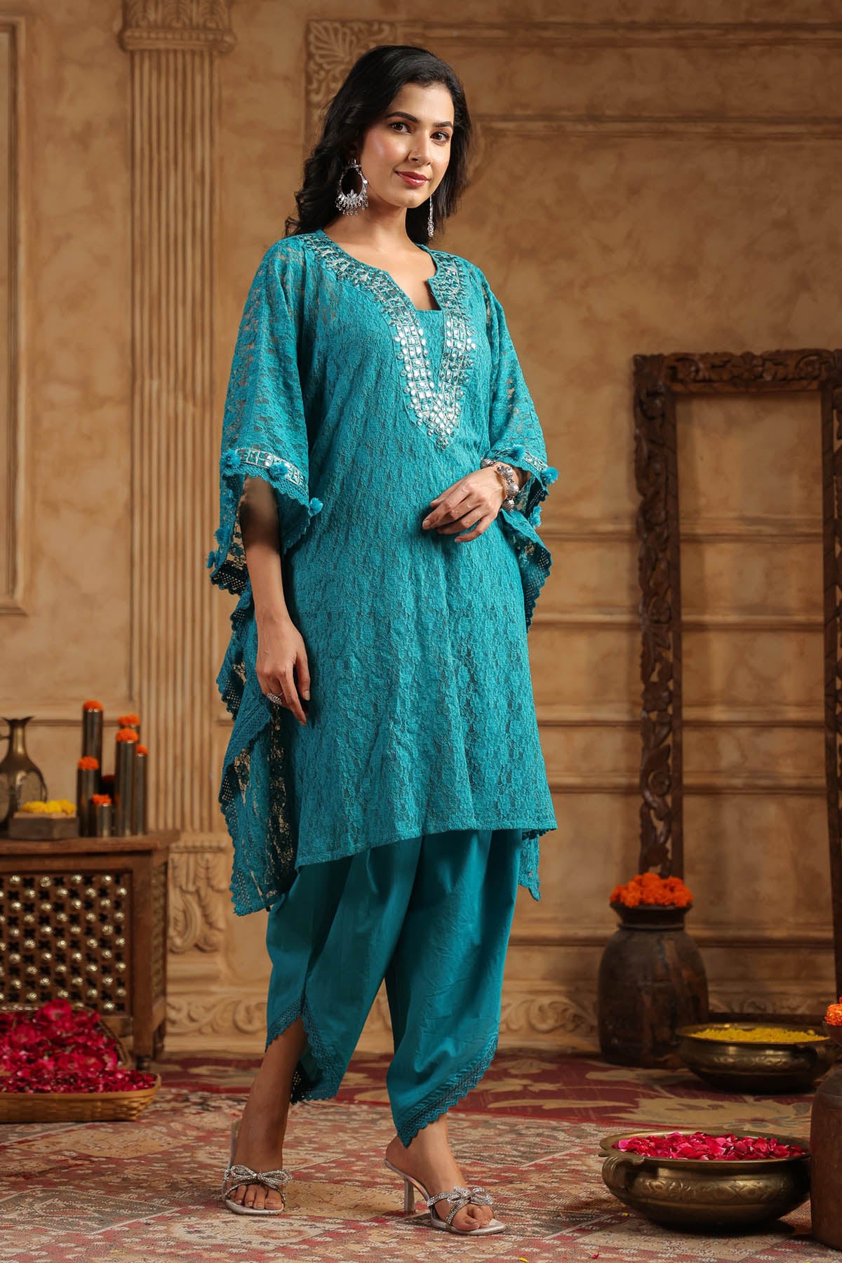 Blue Schiffli Net Kaftan Set With Potli Bag