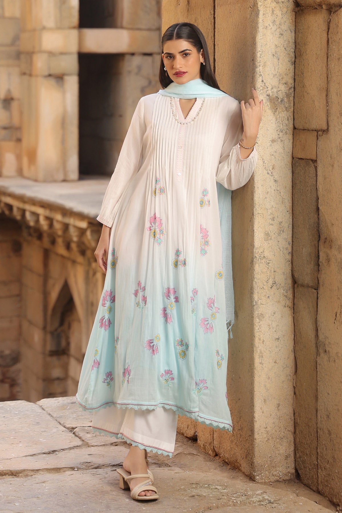 WHITE MULMUL A -LINE KURTA WITH PANT AND DUPATTA