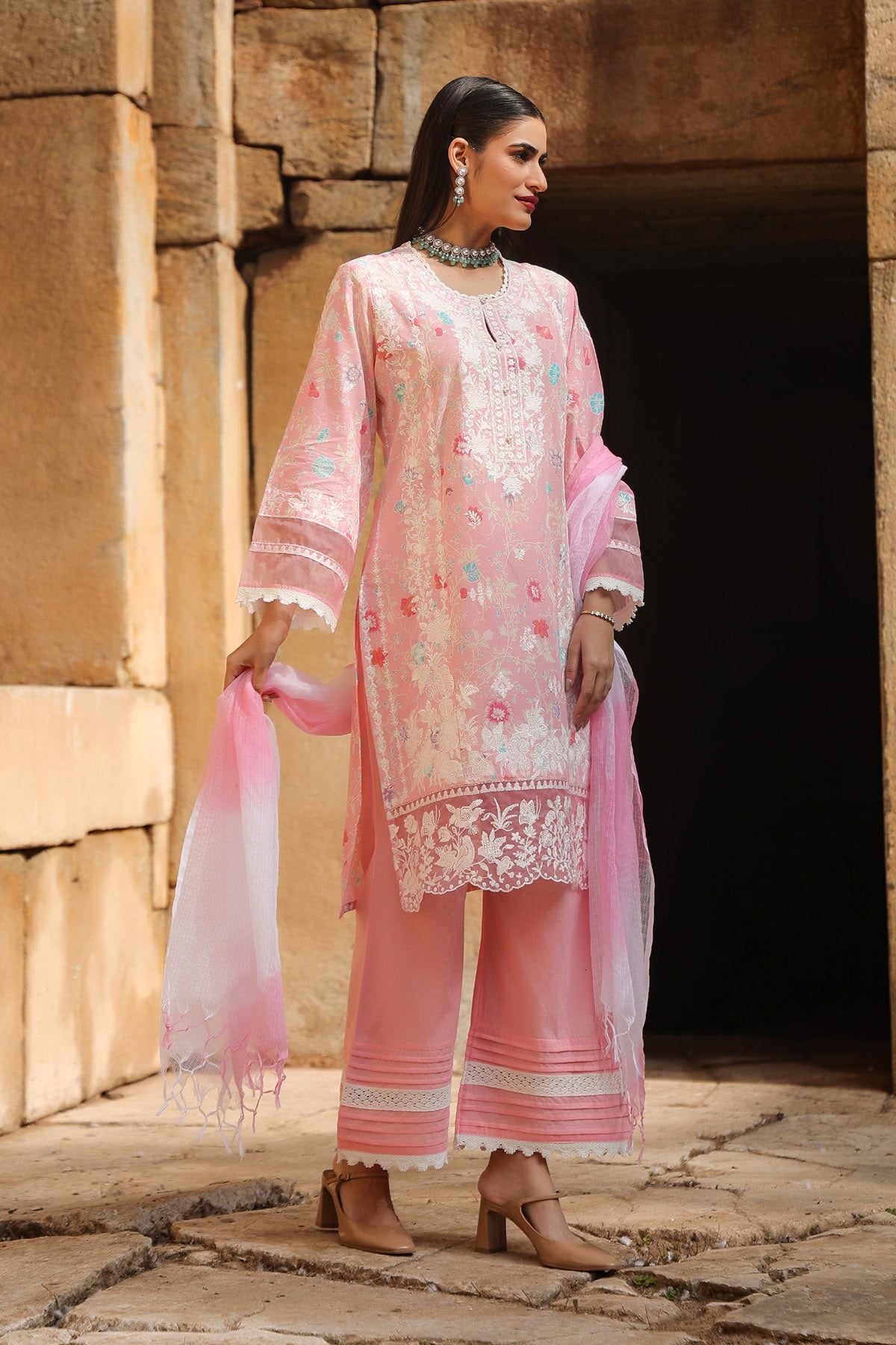 PINK COTTON STRAIGHT KURTA WITH PANT AND DUPATTA