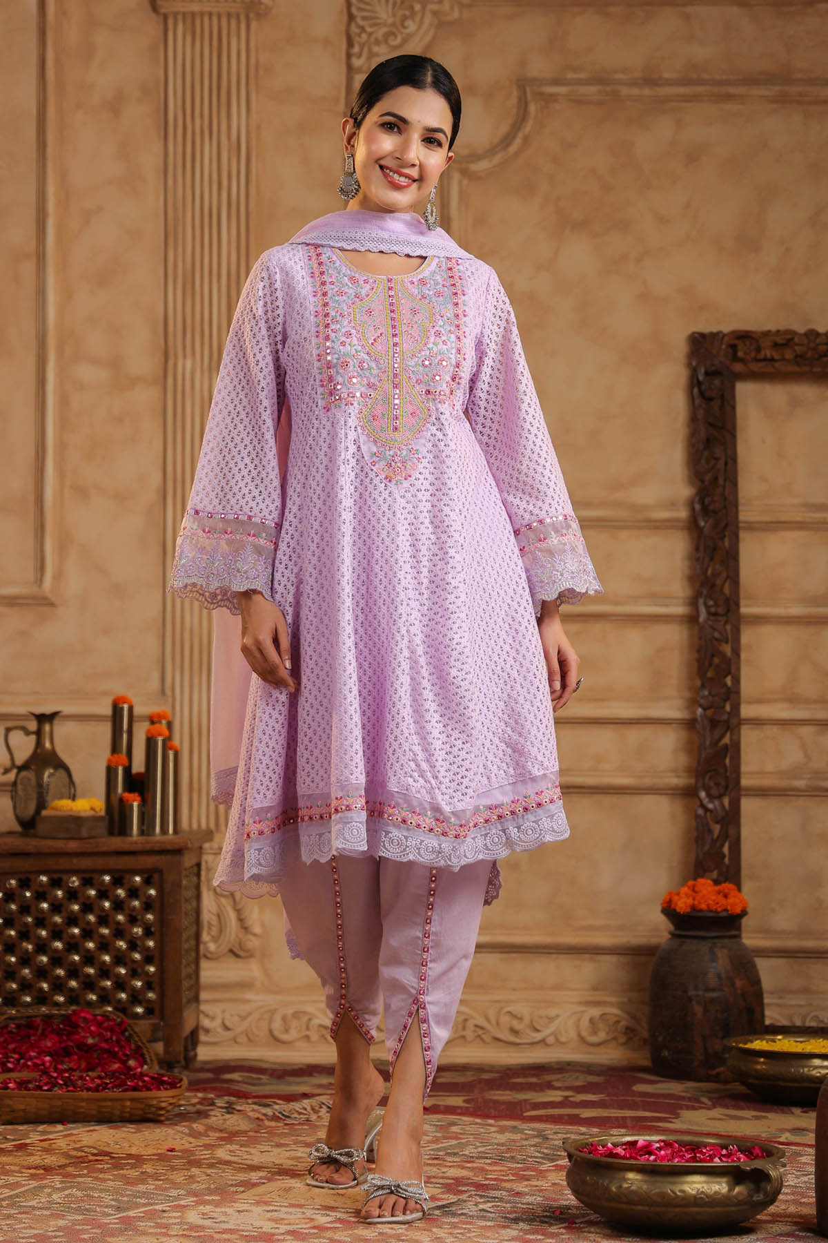 Lavender Schiffli Net Embroidered Anarkali Suit Set