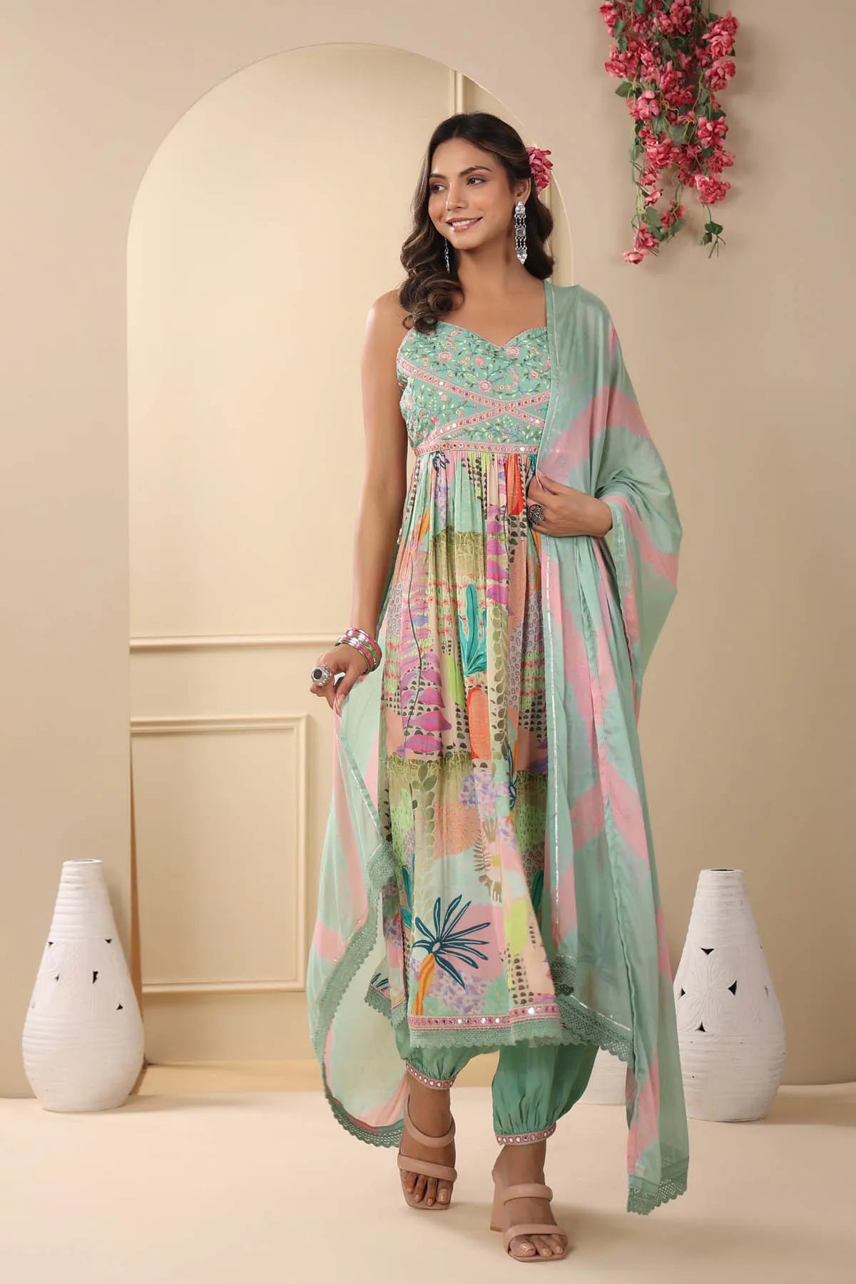 Green Muslin Embroidered Flared Suit Set