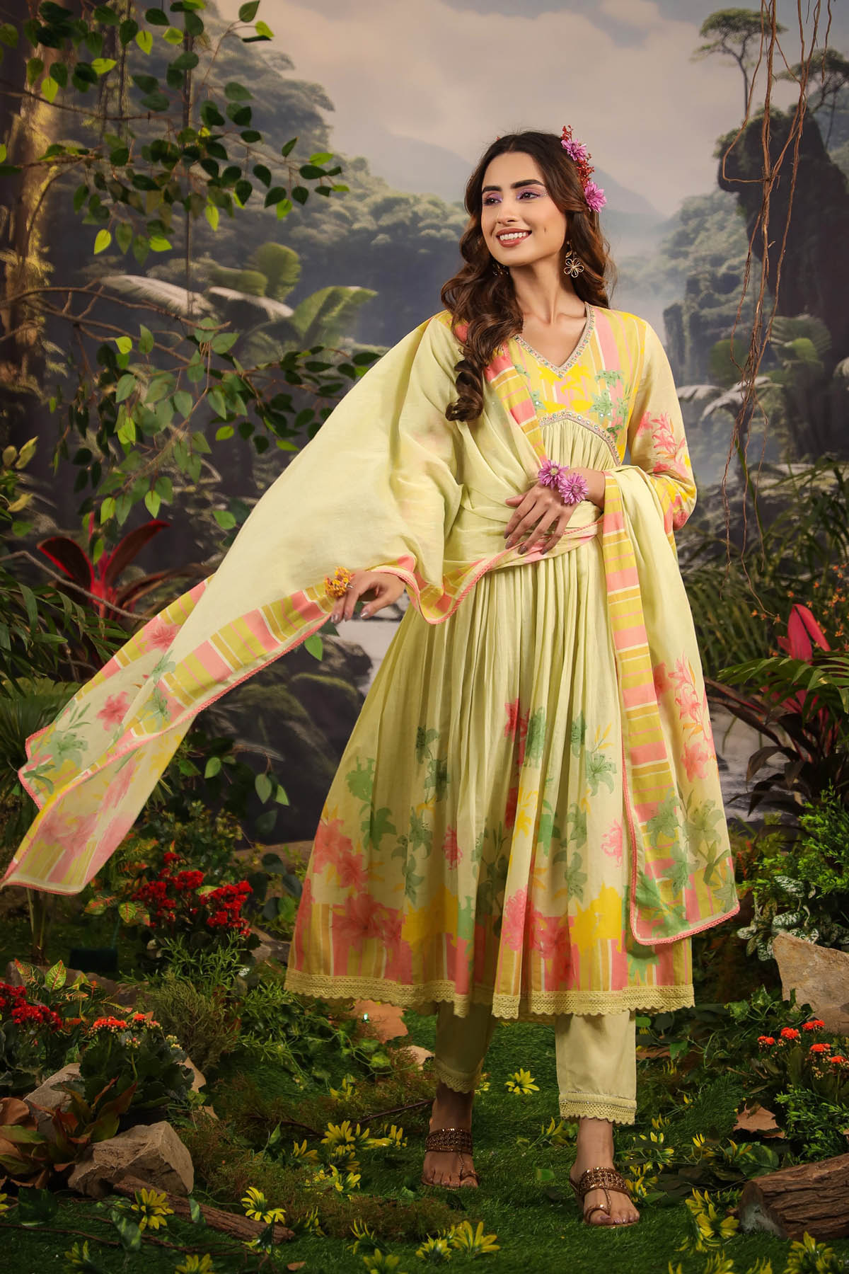 Yellow Floral Cotton Printed Anarkali Suit