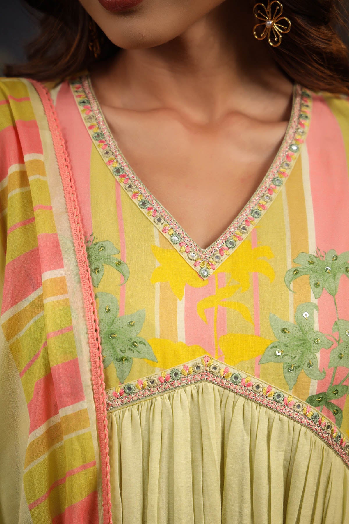 Yellow Floral Cotton Printed Anarkali Suit