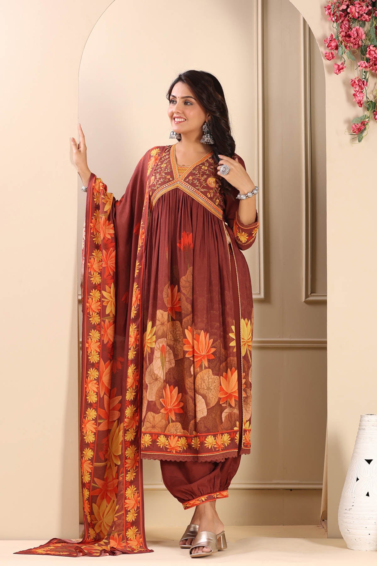 Maroon Floral Muslin Embroidered Anarkali Suit Set With Dupatta