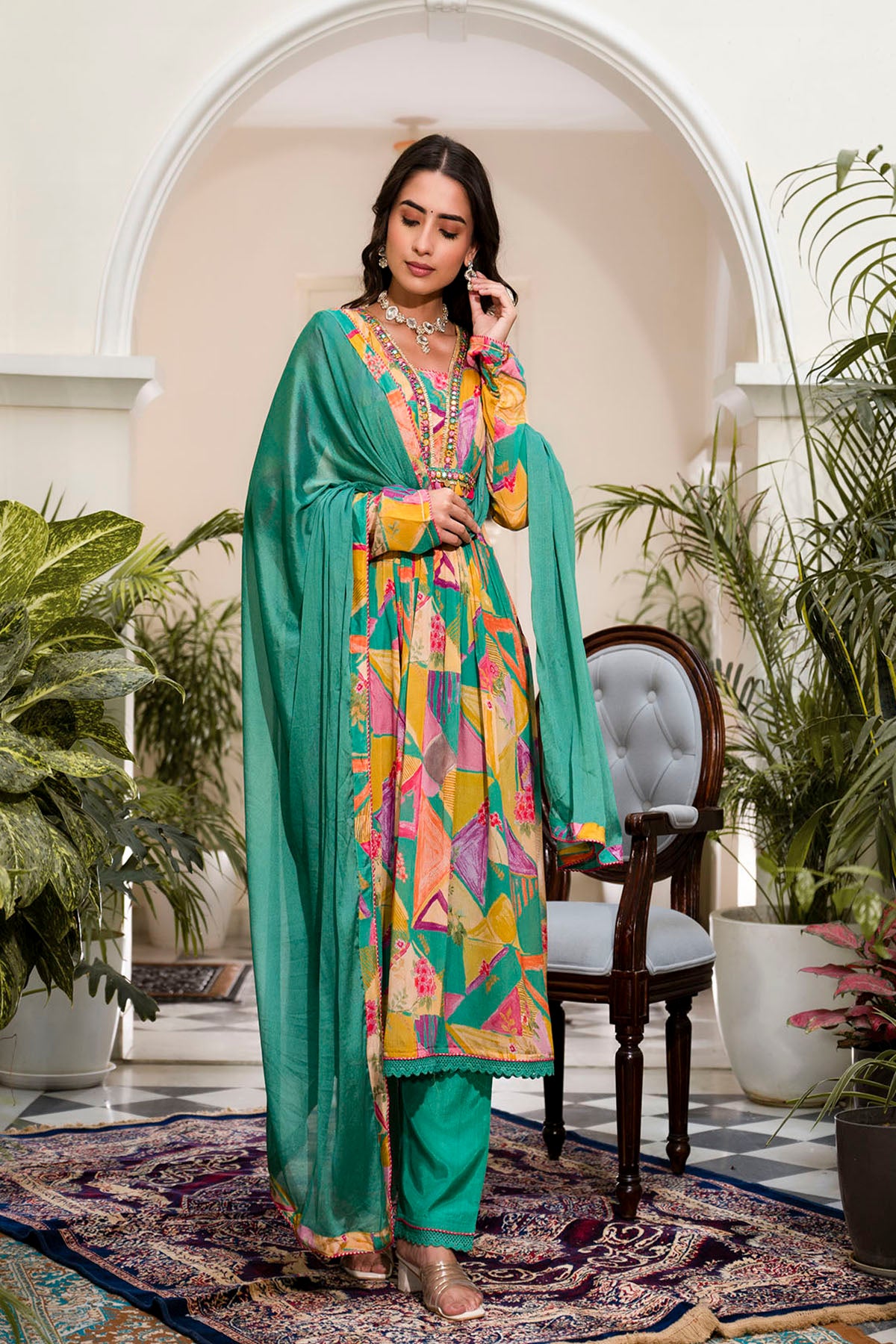 Yellow & Green Chinon Embroidered Anarkali Suit