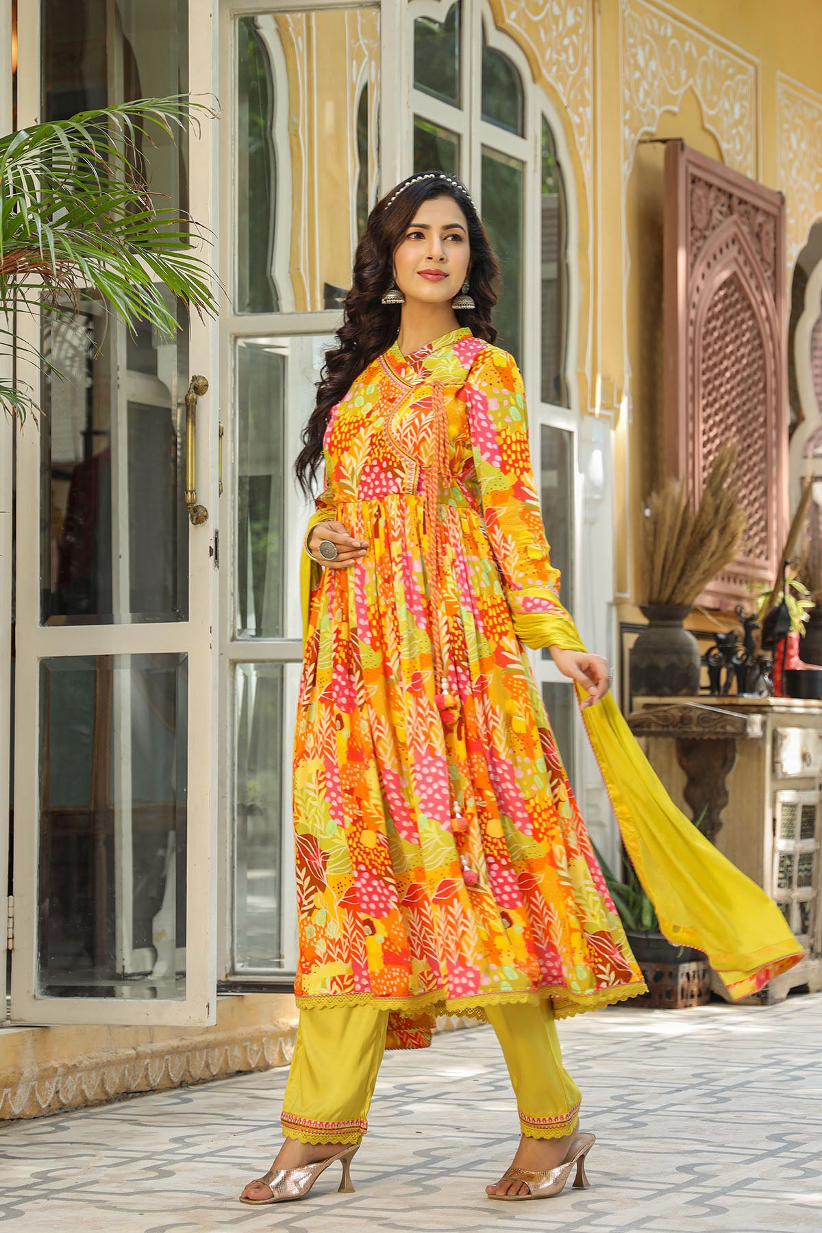 Yellow Multicolor Viscose Crepe Anarkali Suit