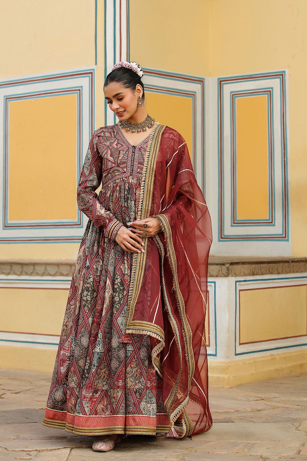Brown Multicolor Muslin Embroidered Gown Set