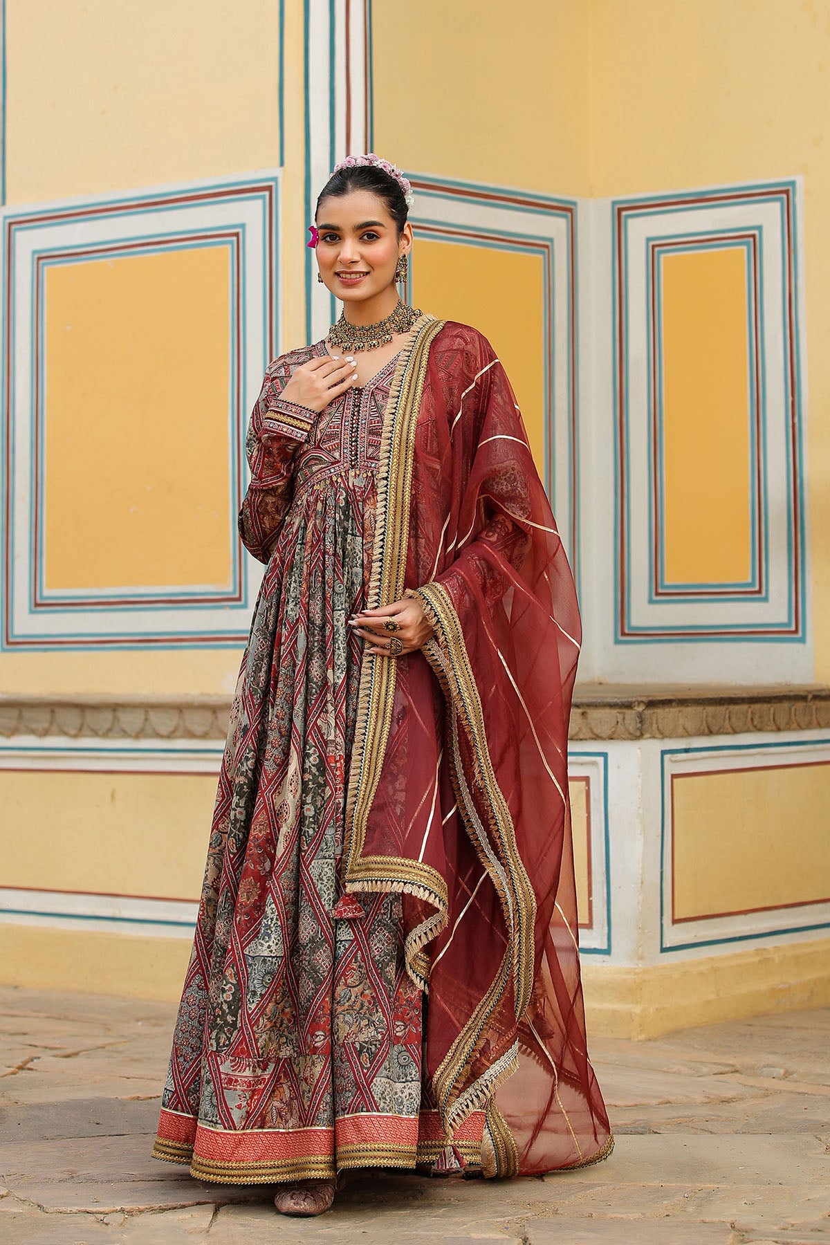 Brown Multicolor Muslin Embroidered Gown Set