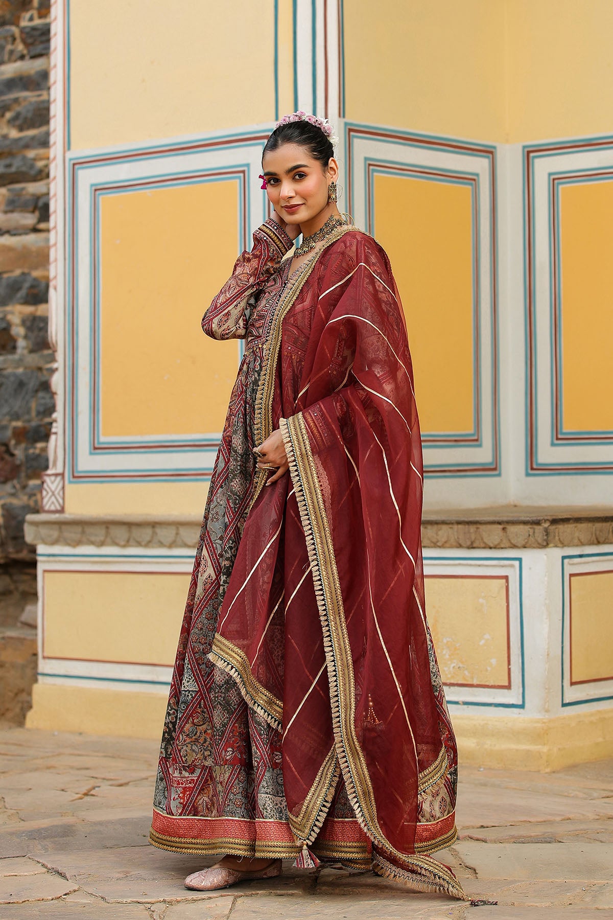 Brown Multicolor Muslin Embroidered Gown Set