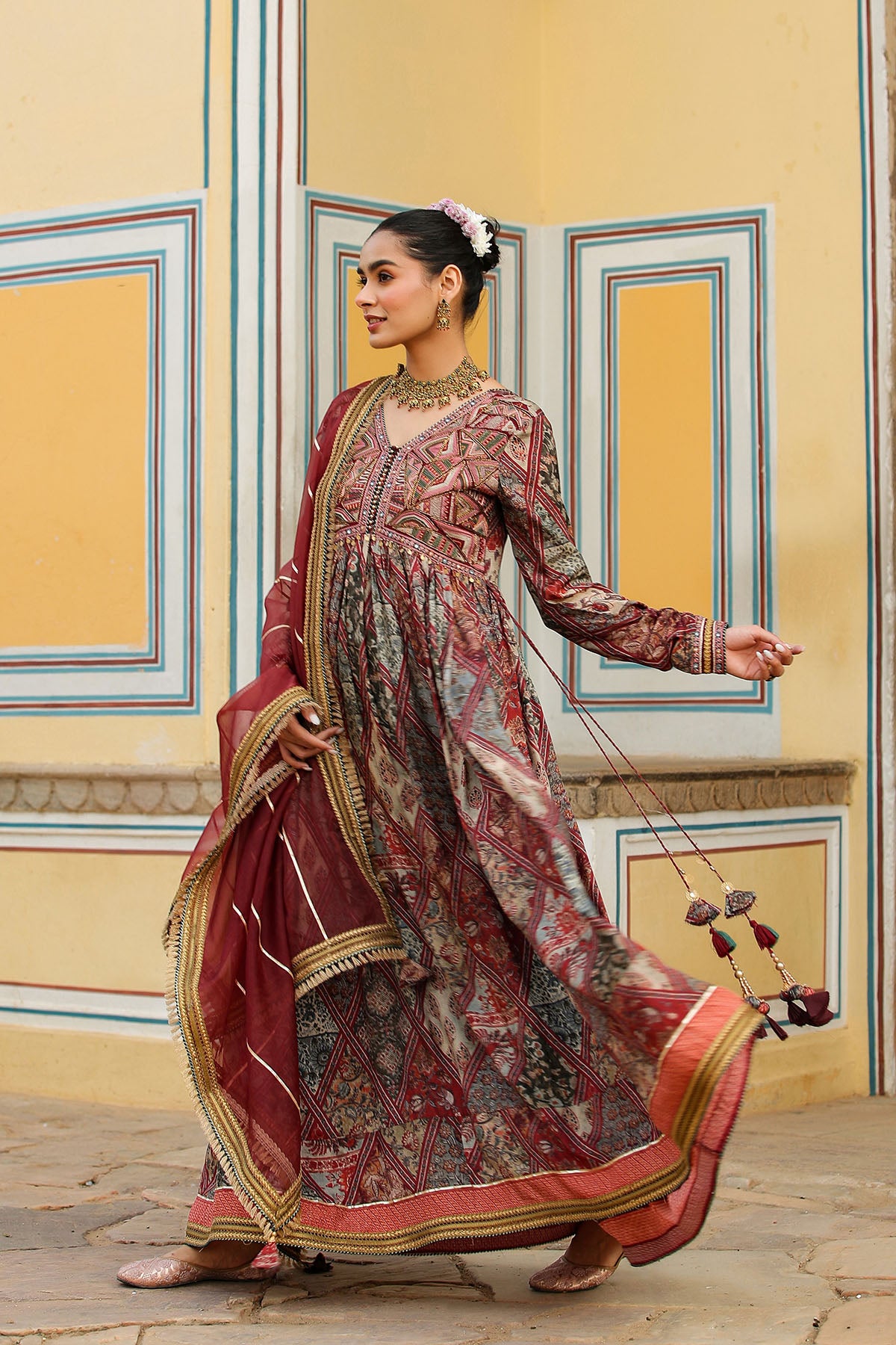 Brown Multicolor Muslin Embroidered Gown Set