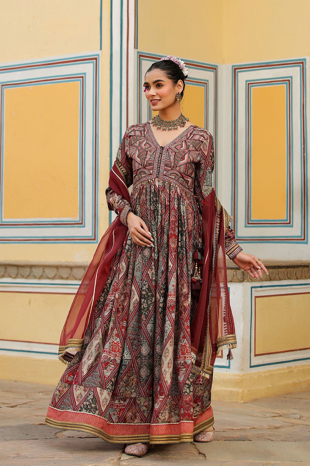 Brown Multicolor Muslin Embroidered Gown Set