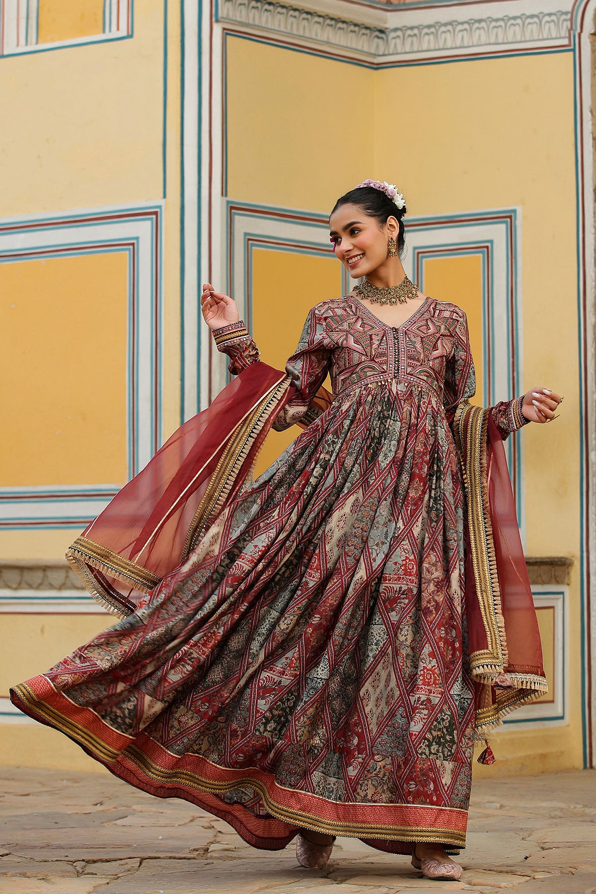 Brown Multicolor Muslin Embroidered Gown Set