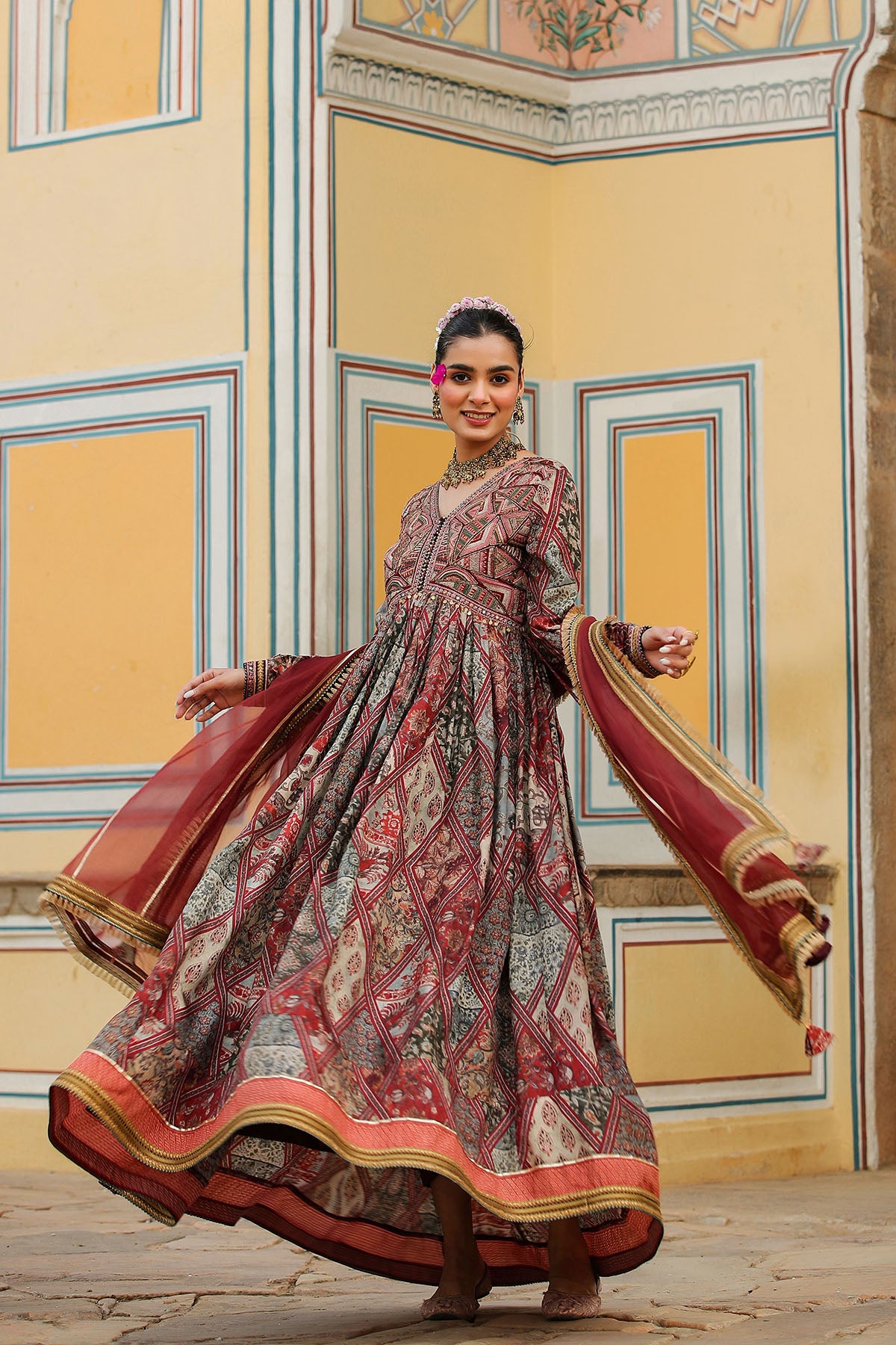 Brown Multicolor Muslin Embroidered Gown Set