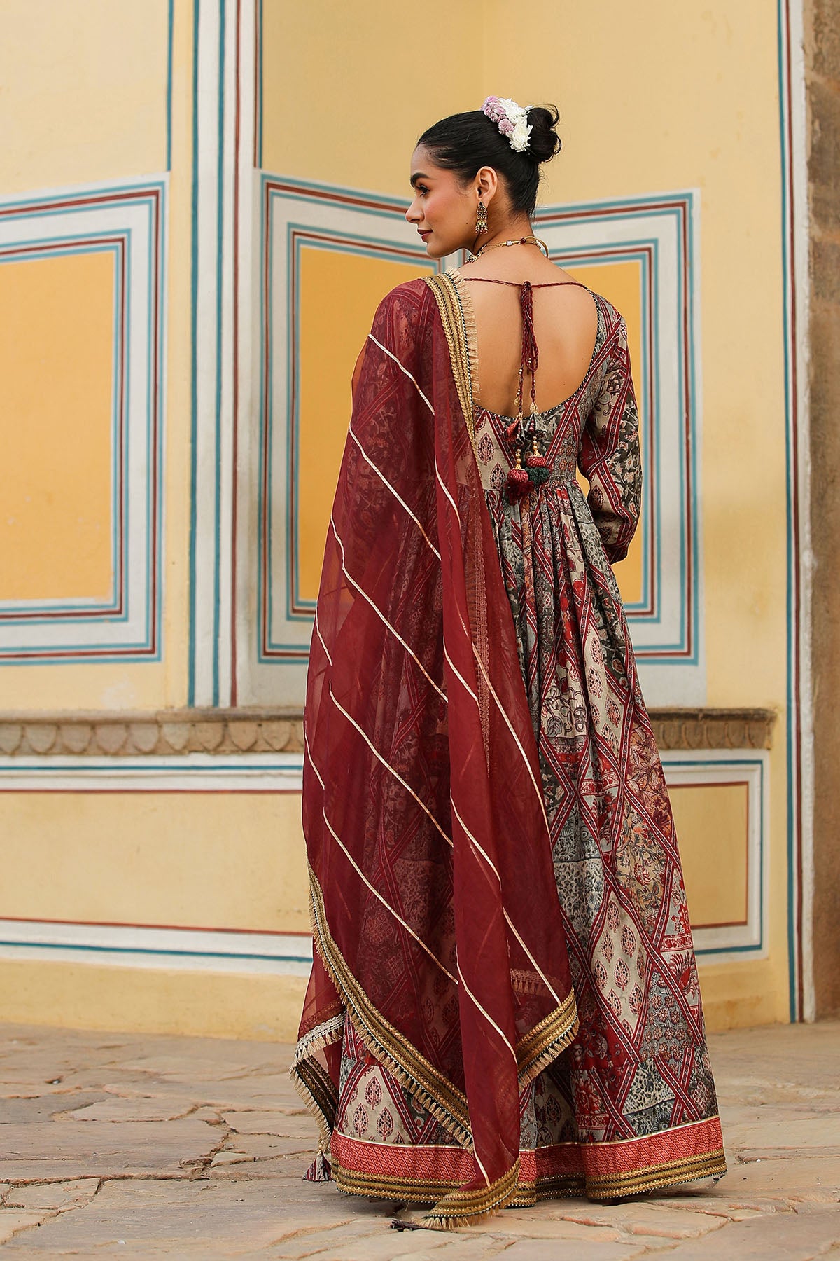 Brown Multicolor Muslin Embroidered Gown Set
