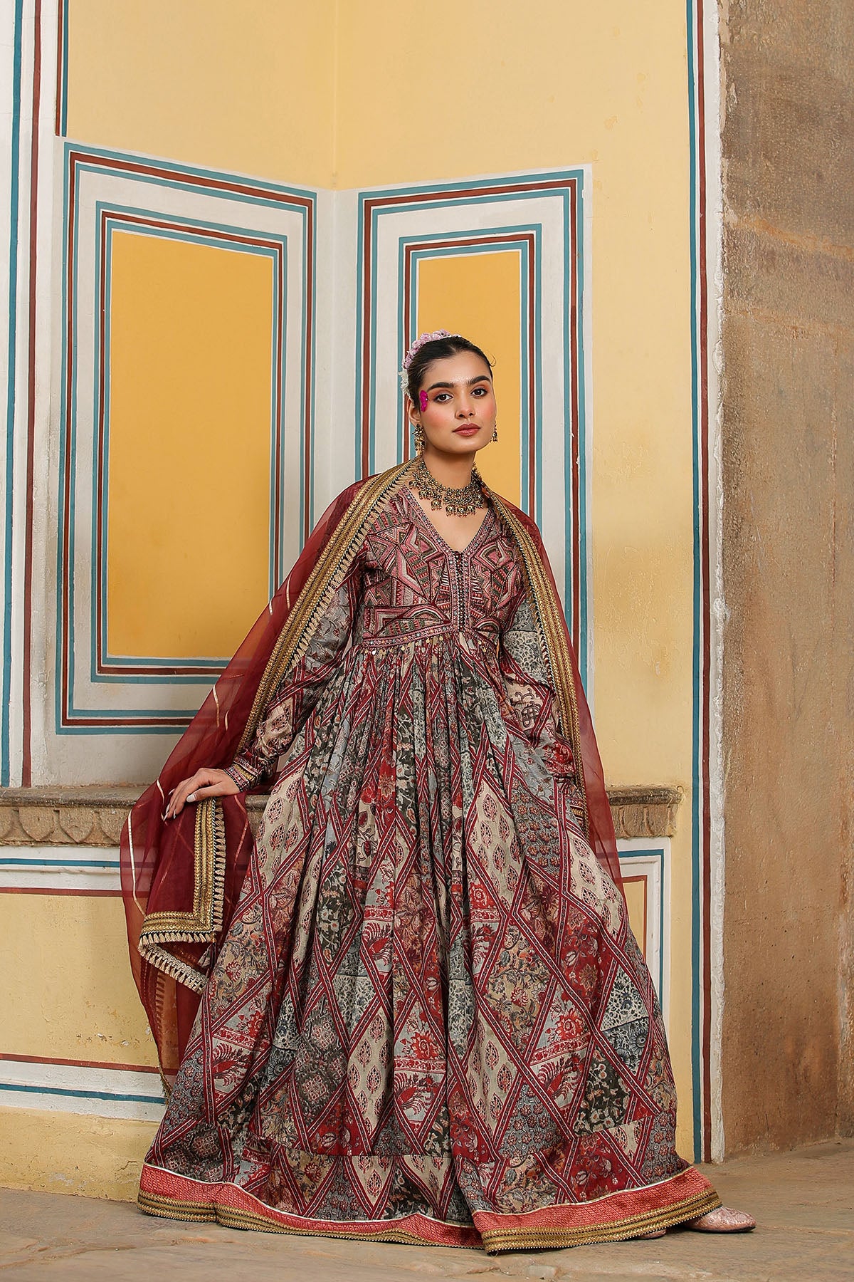 Brown Multicolor Muslin Embroidered Gown Set