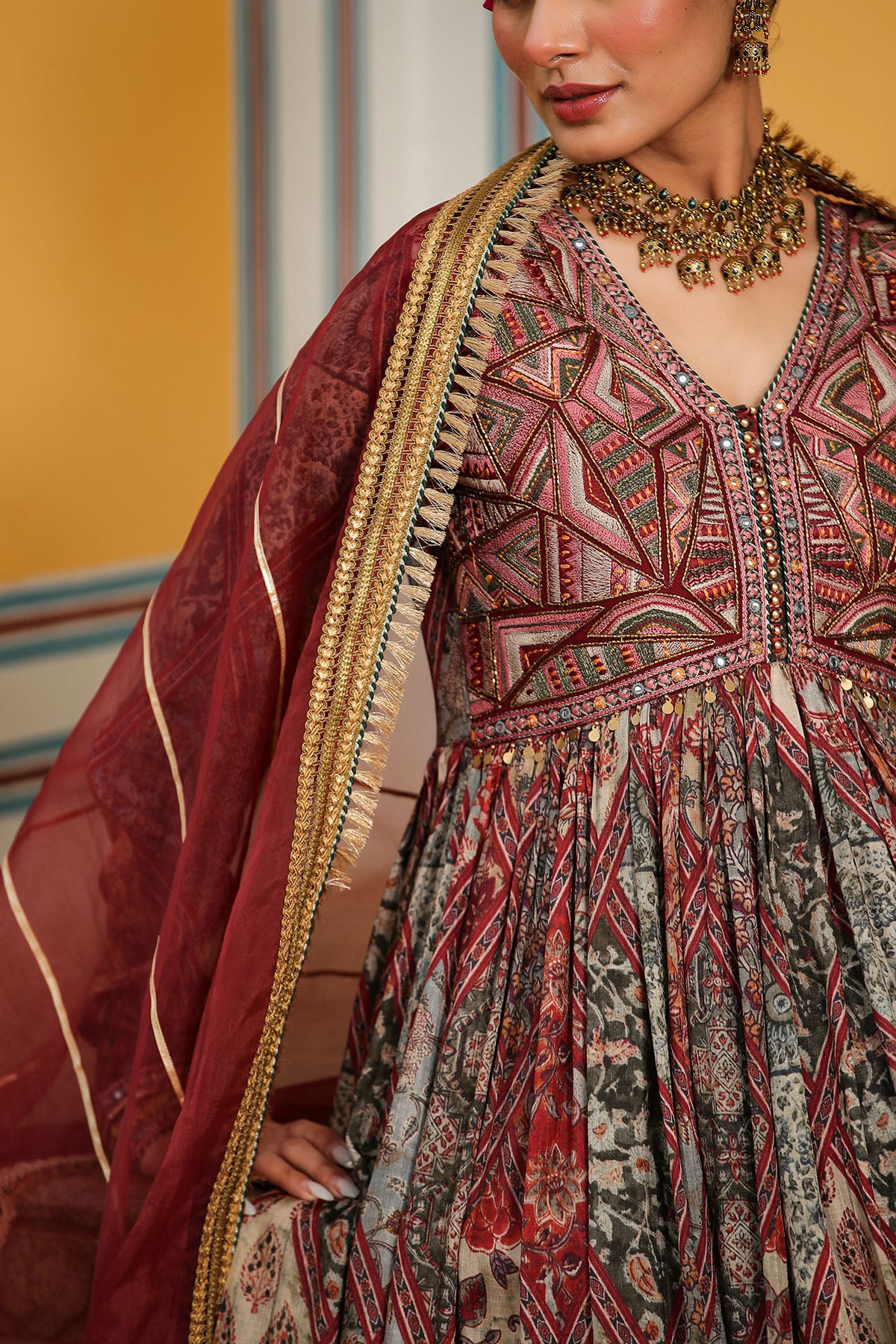 Brown Multicolor Muslin Embroidered Gown Set