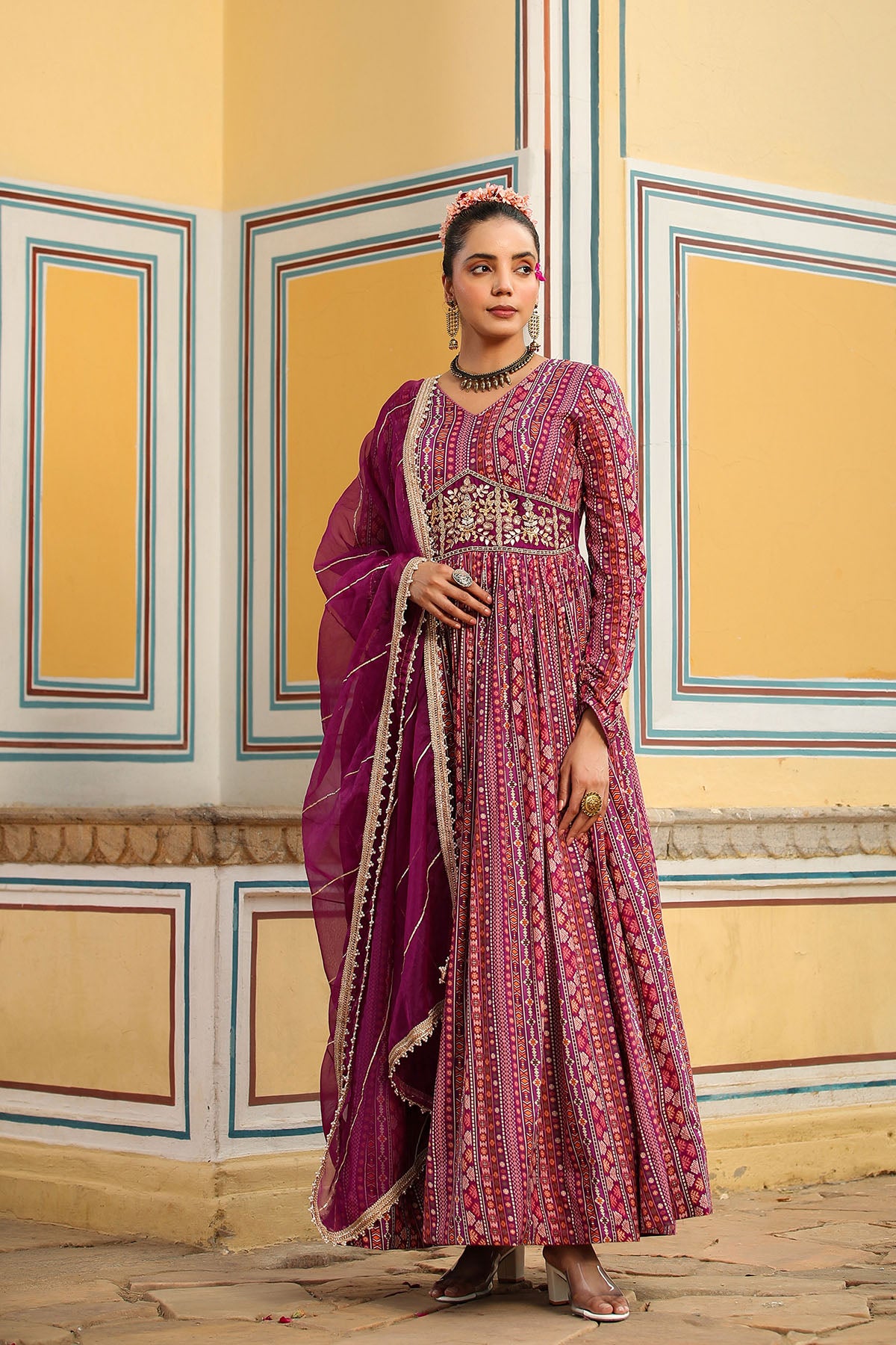 Purple Cotton Handwork Gown Set