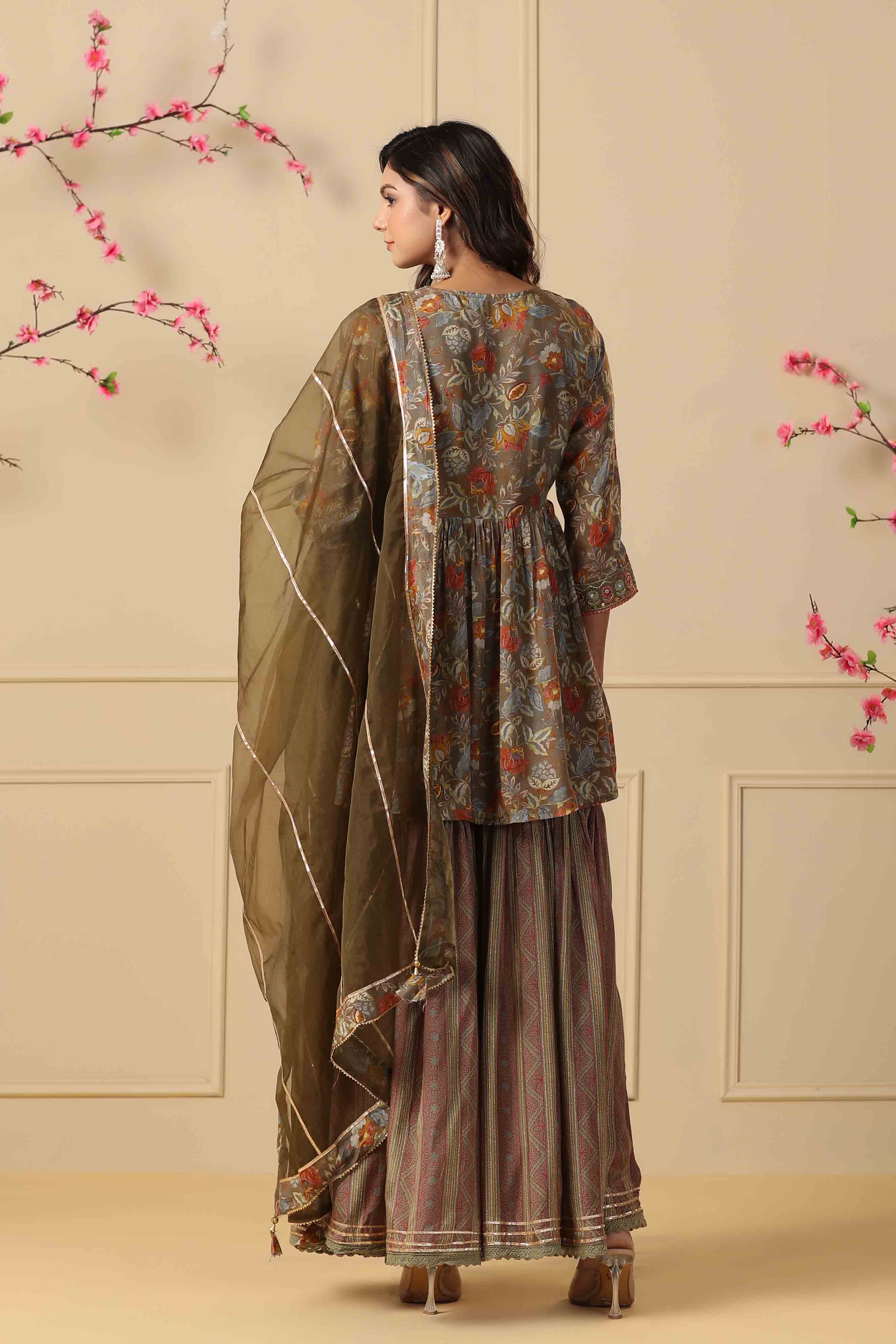Green Muslin Embroidered Sharara Set