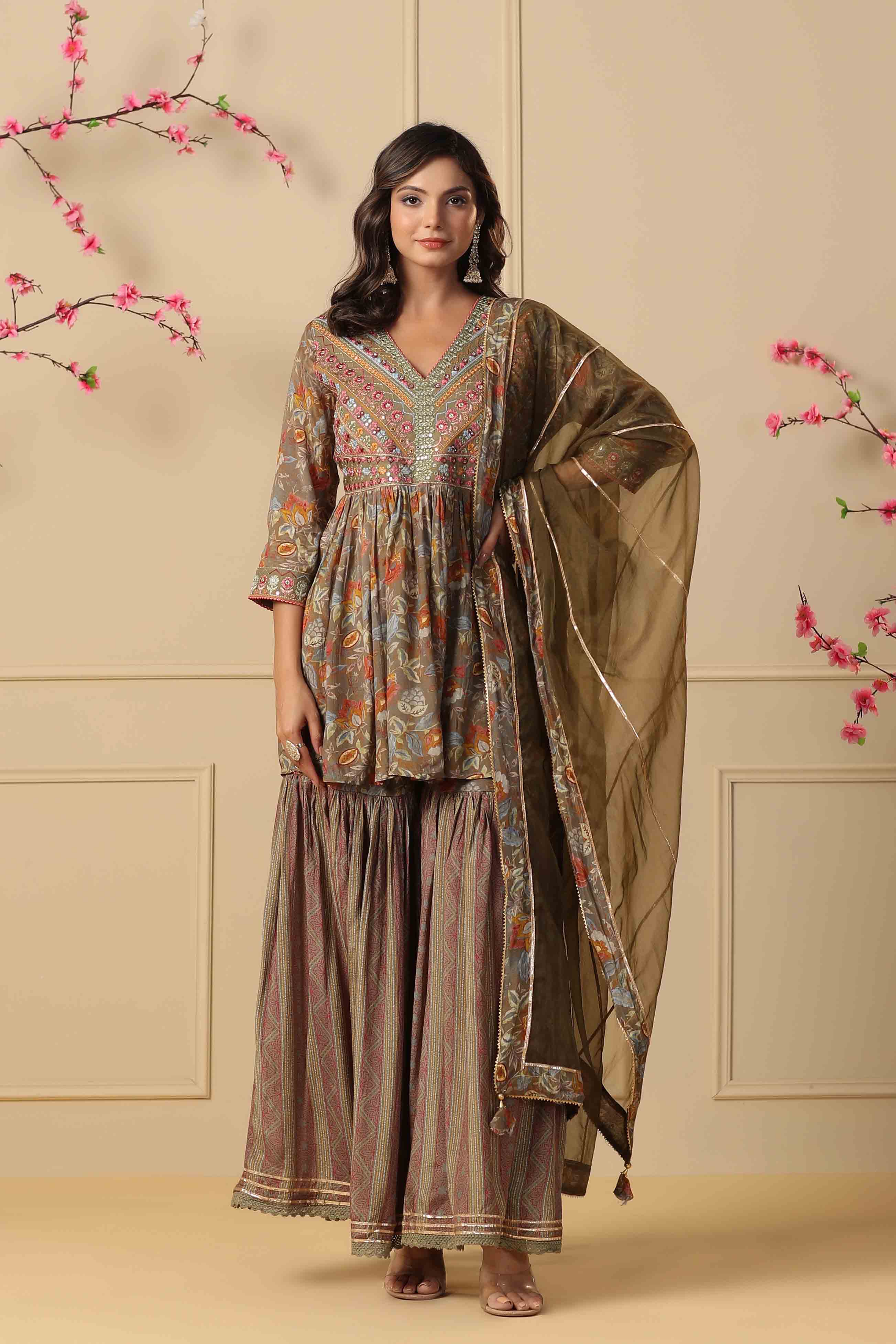 Green Muslin Embroidered Sharara Set