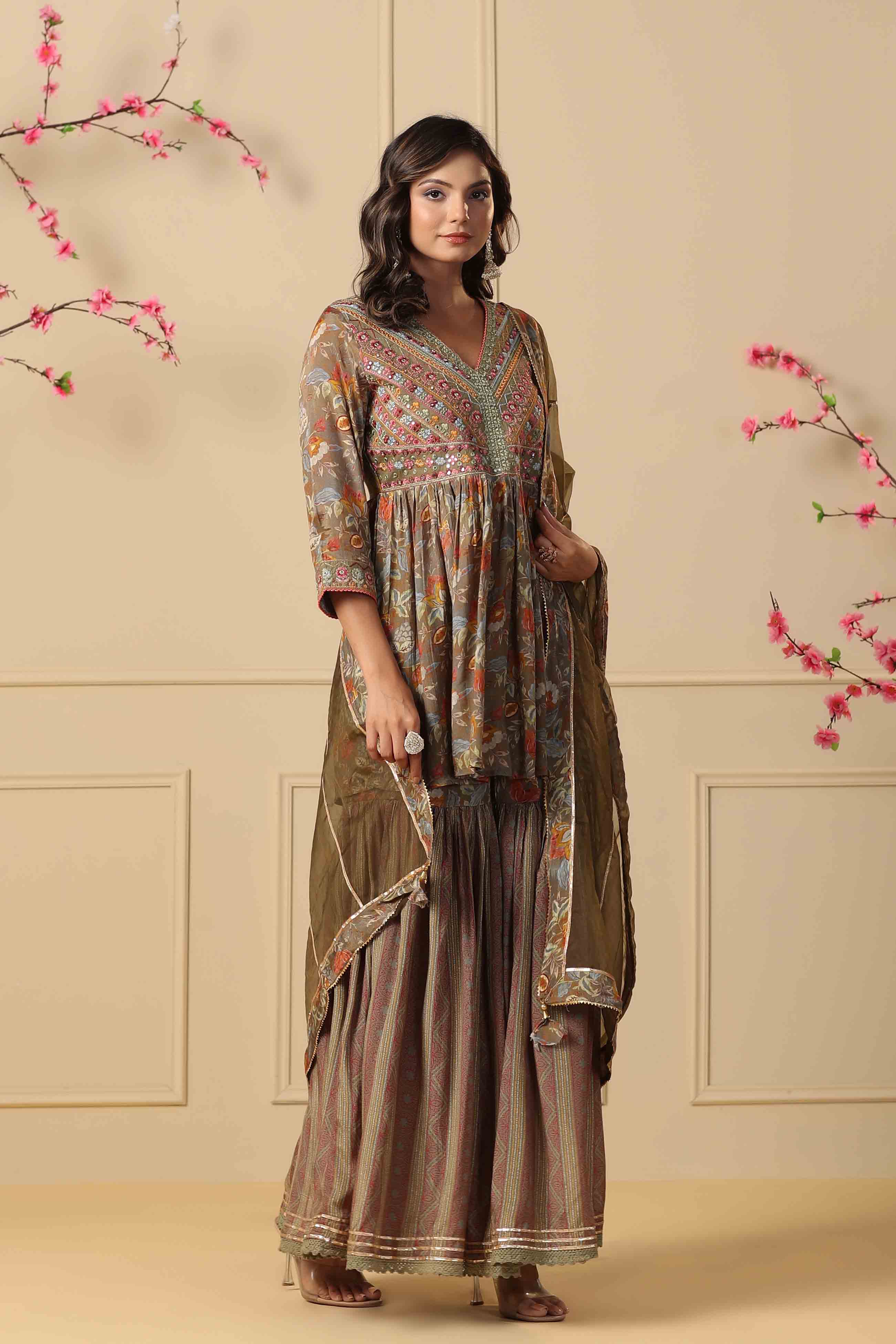 Green Muslin Embroidered Sharara Set