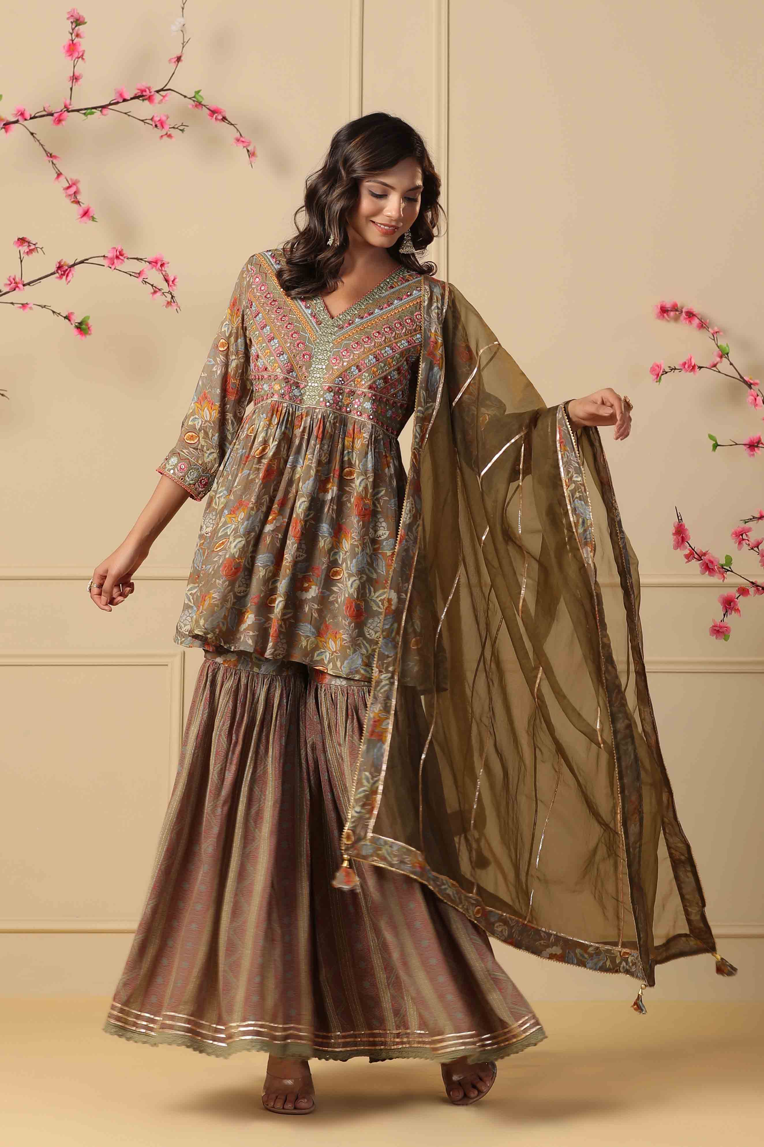 Green Muslin Embroidered Sharara Set