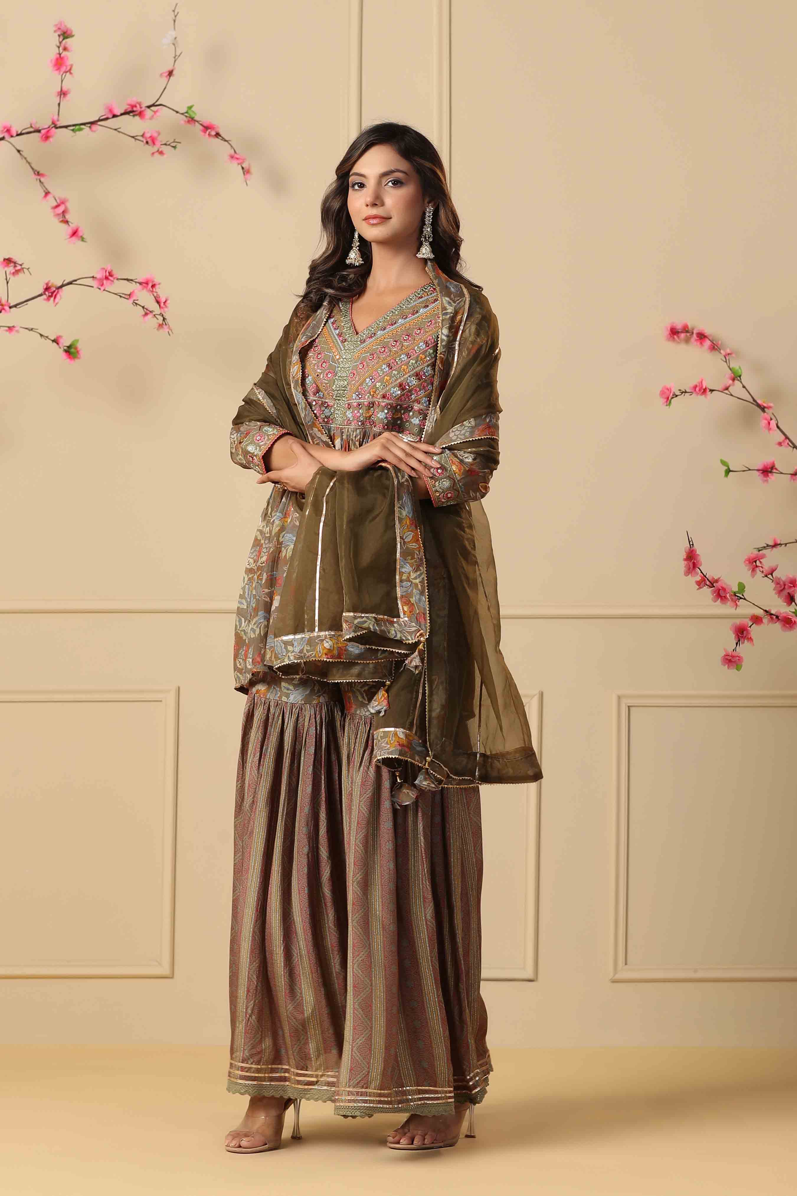 Green Muslin Embroidered Sharara Set