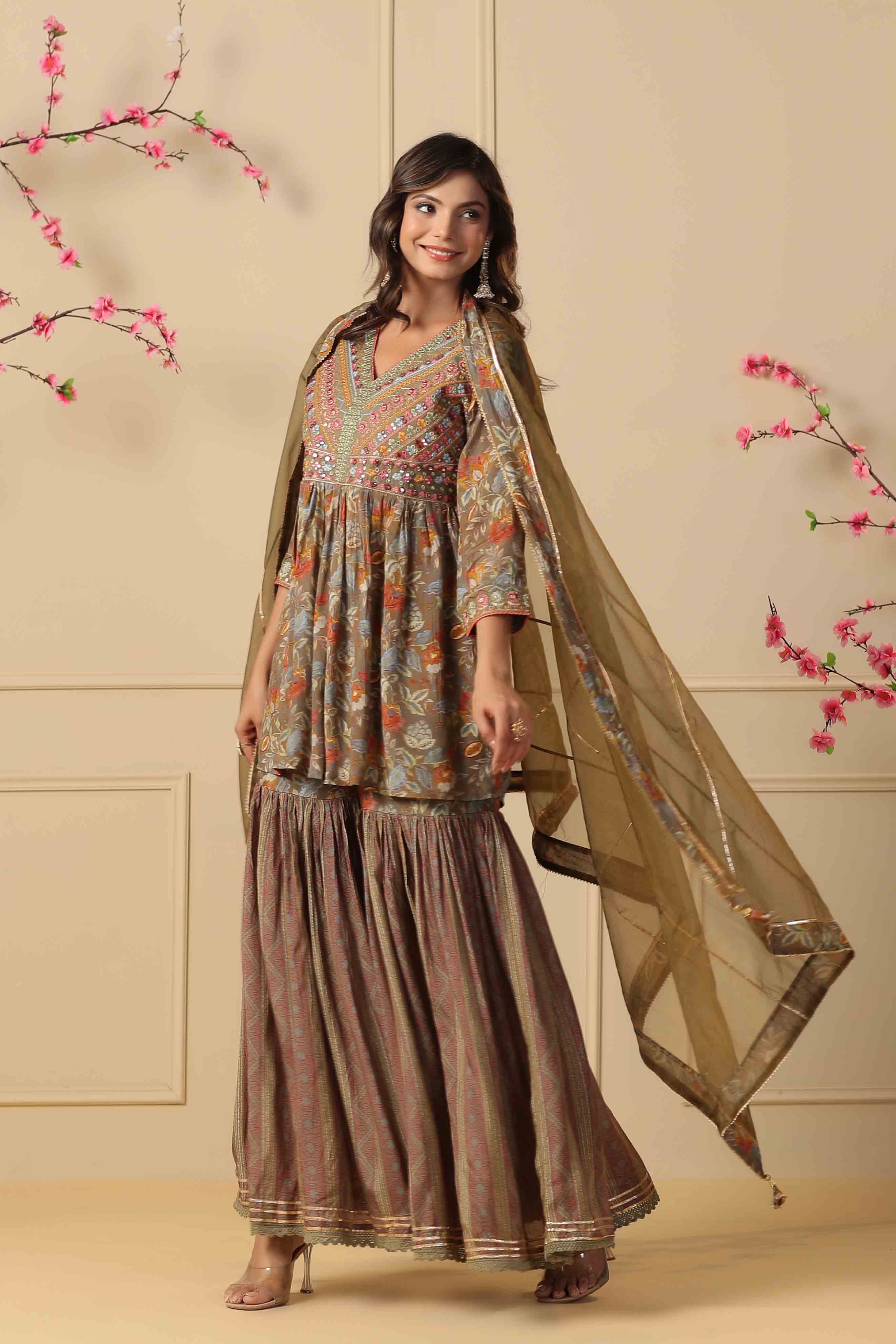 Green Muslin Embroidered Sharara Set