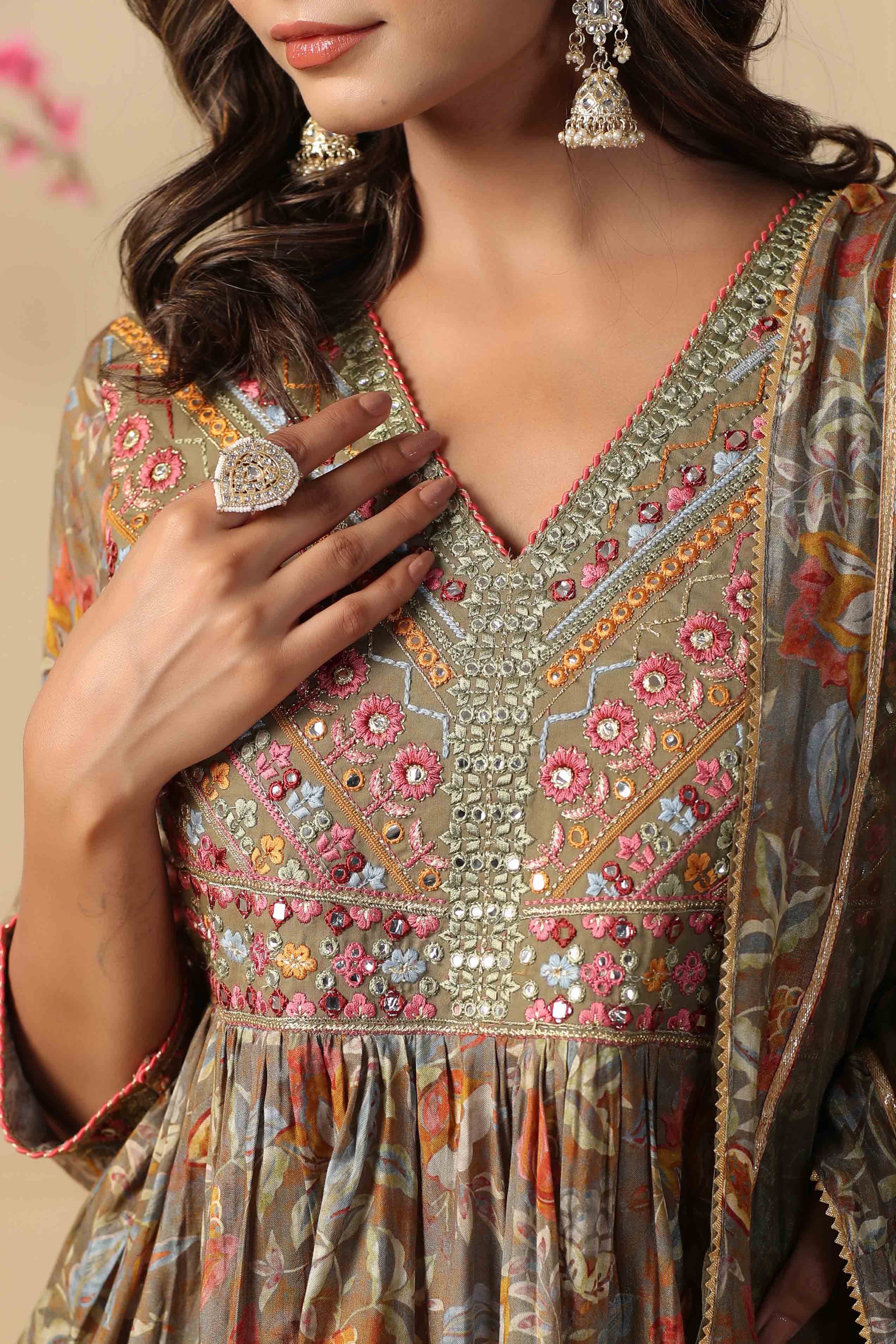 Green Muslin Embroidered Sharara Set
