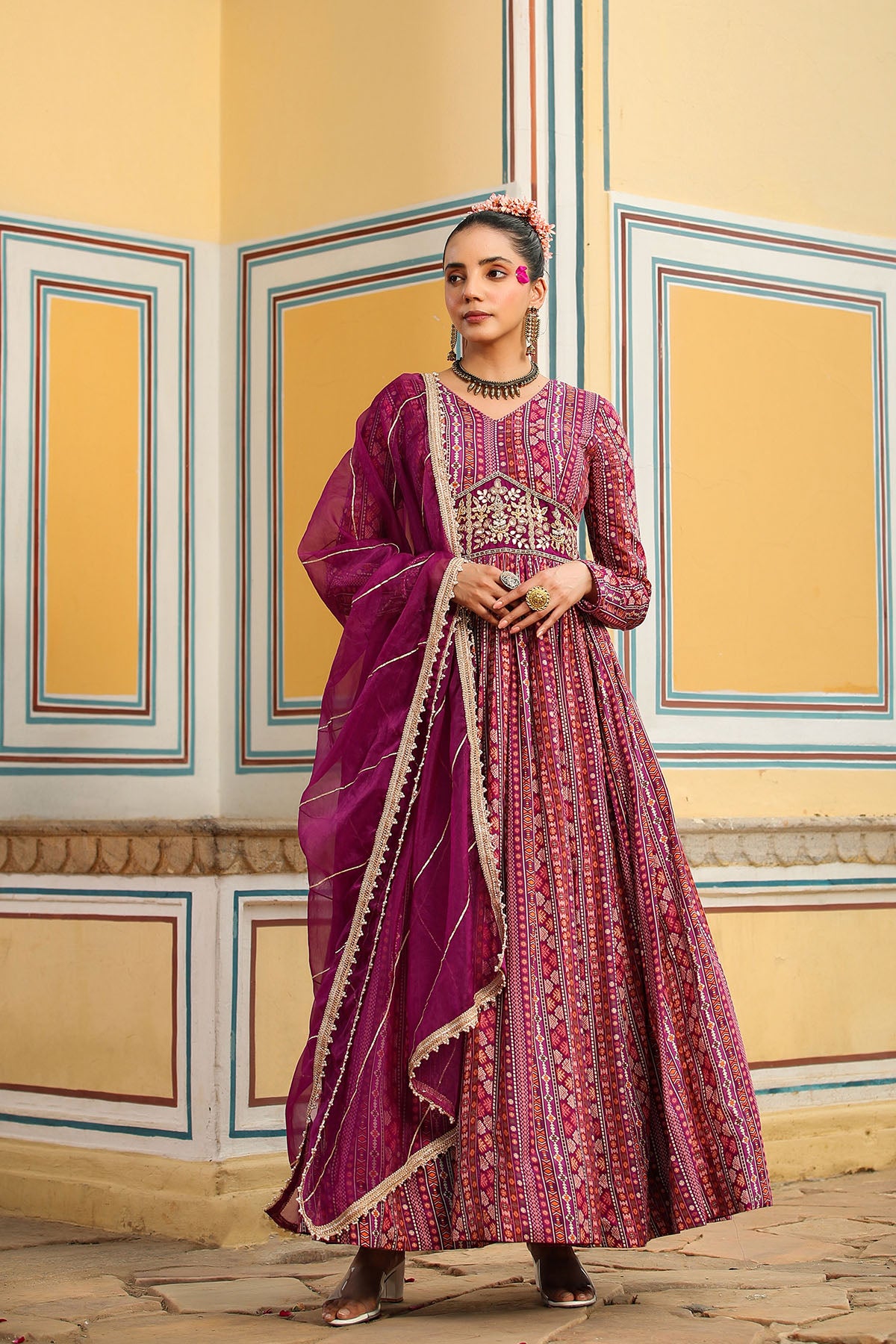 Purple Cotton Handwork Gown Set
