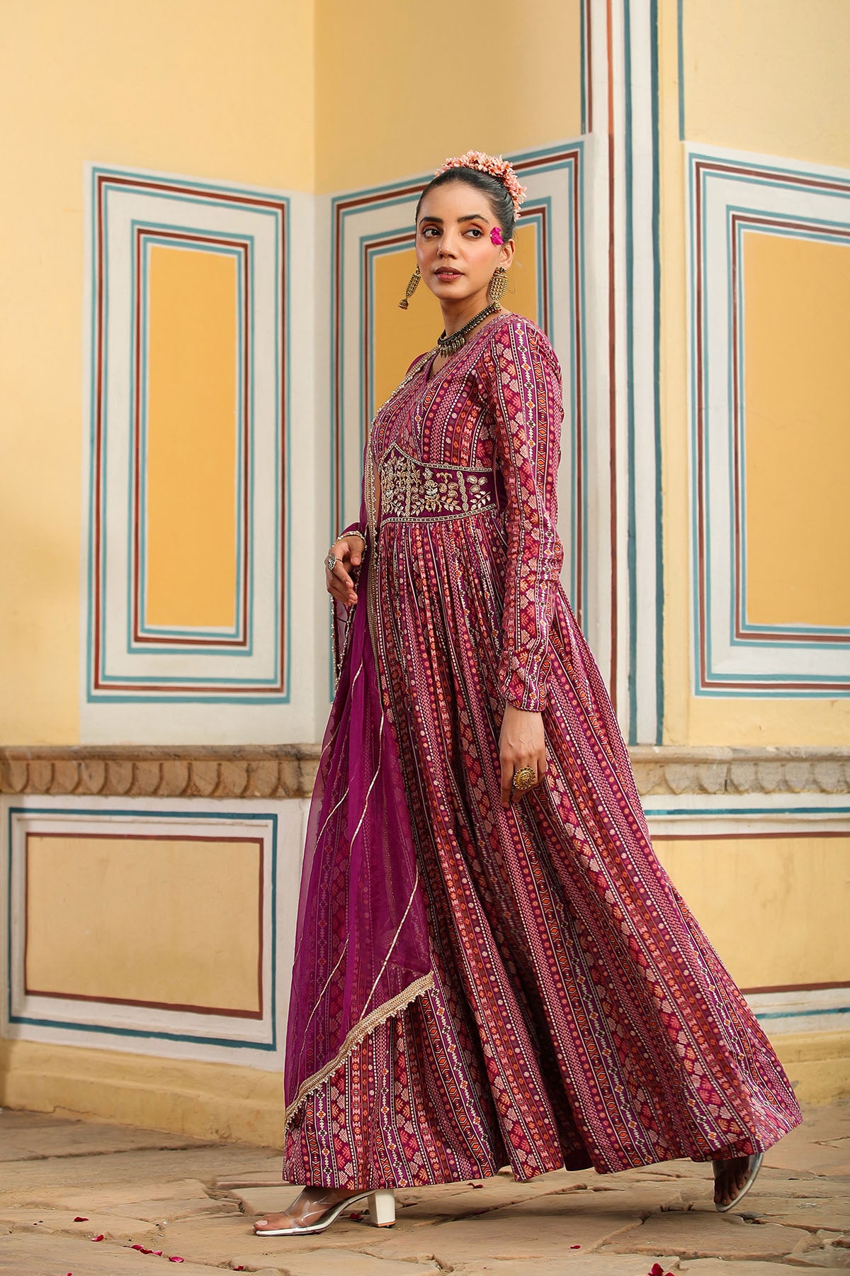 Purple Cotton Handwork Gown Set