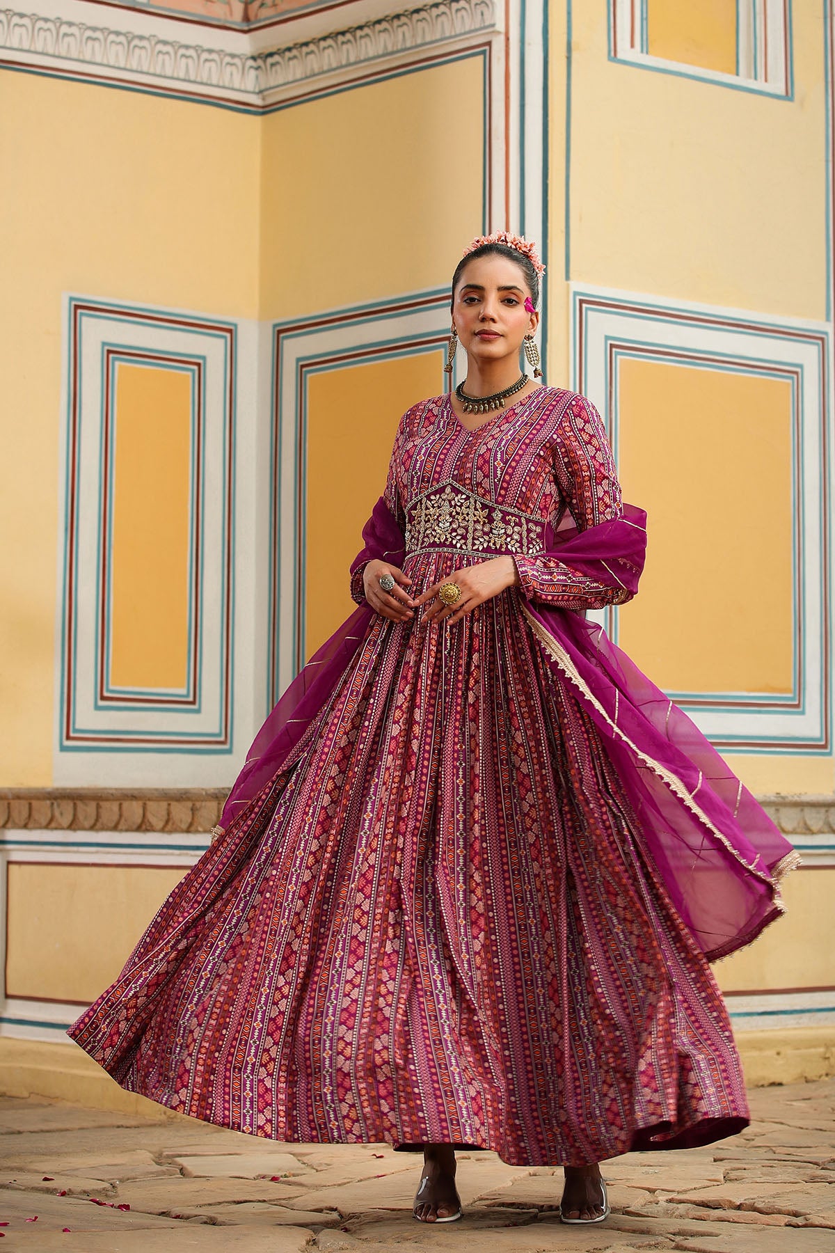 Purple Cotton Handwork Gown Set