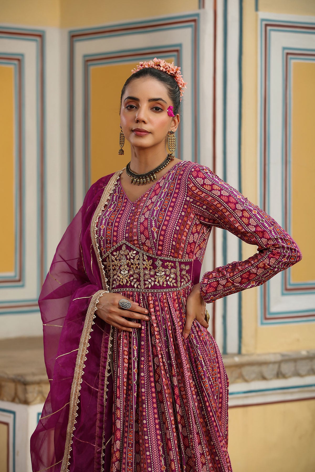 Purple Cotton Handwork Gown Set