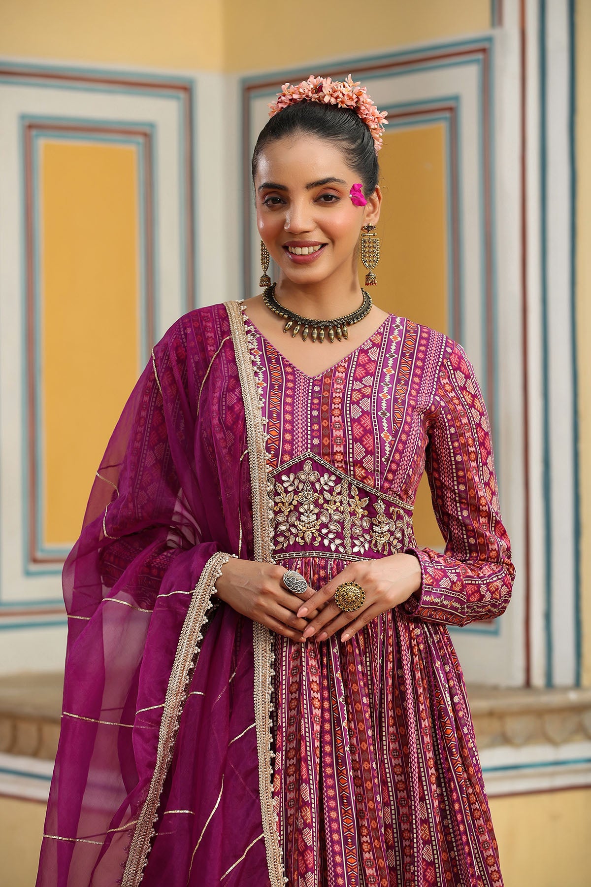 Purple Cotton Handwork Gown Set