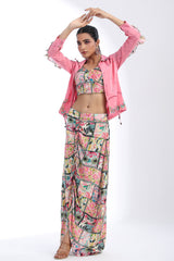 Pink Muslin Printed Co Ord Set with Embroidered Jacket