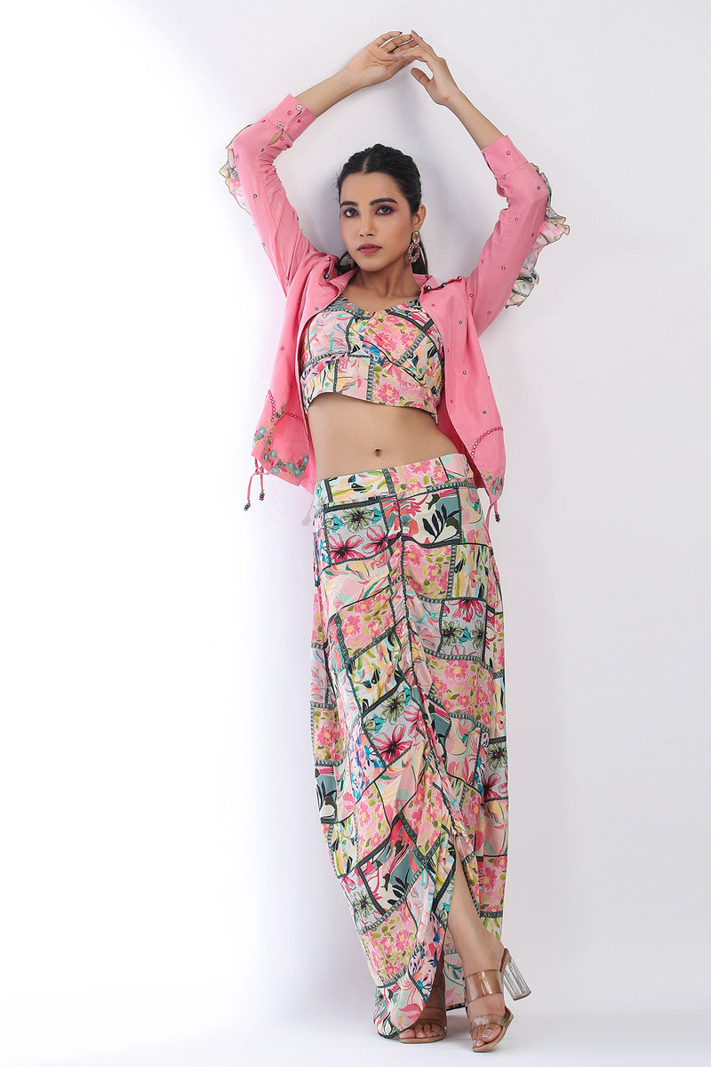 Pink Muslin Printed Co Ord Set with Embroidered Jacket