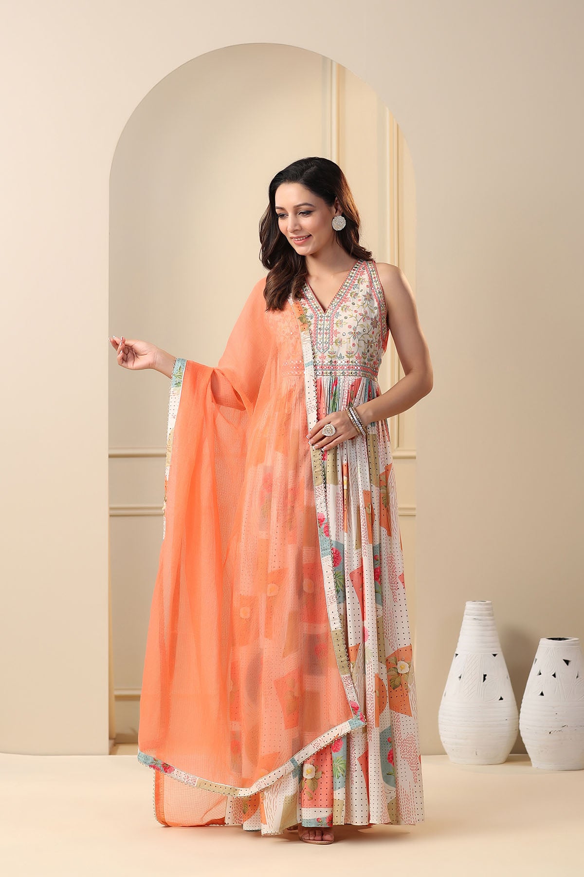 Peach Multicolour Muslin Embroidered Gown Set