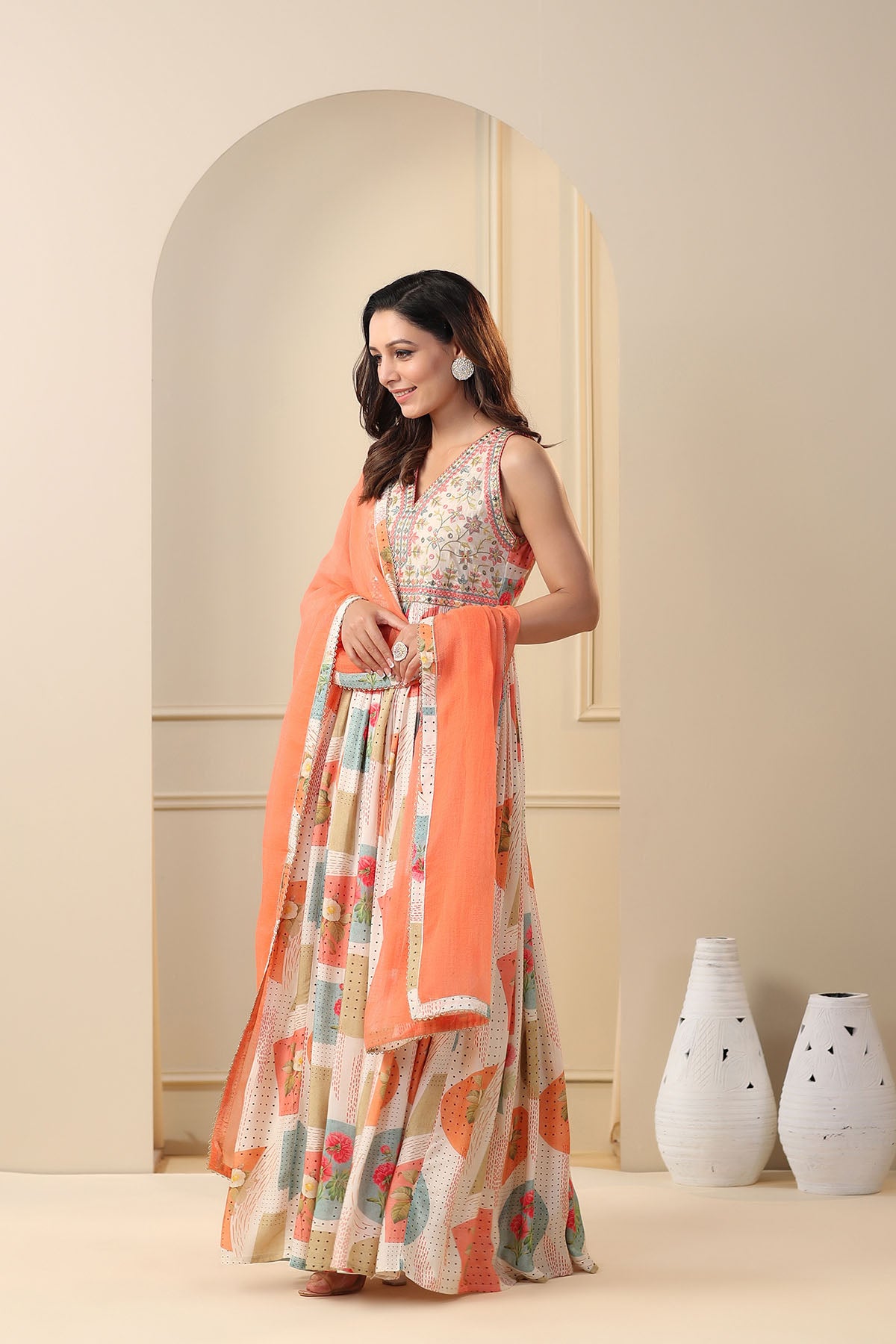 Peach Multicolour Muslin Embroidered Gown Set